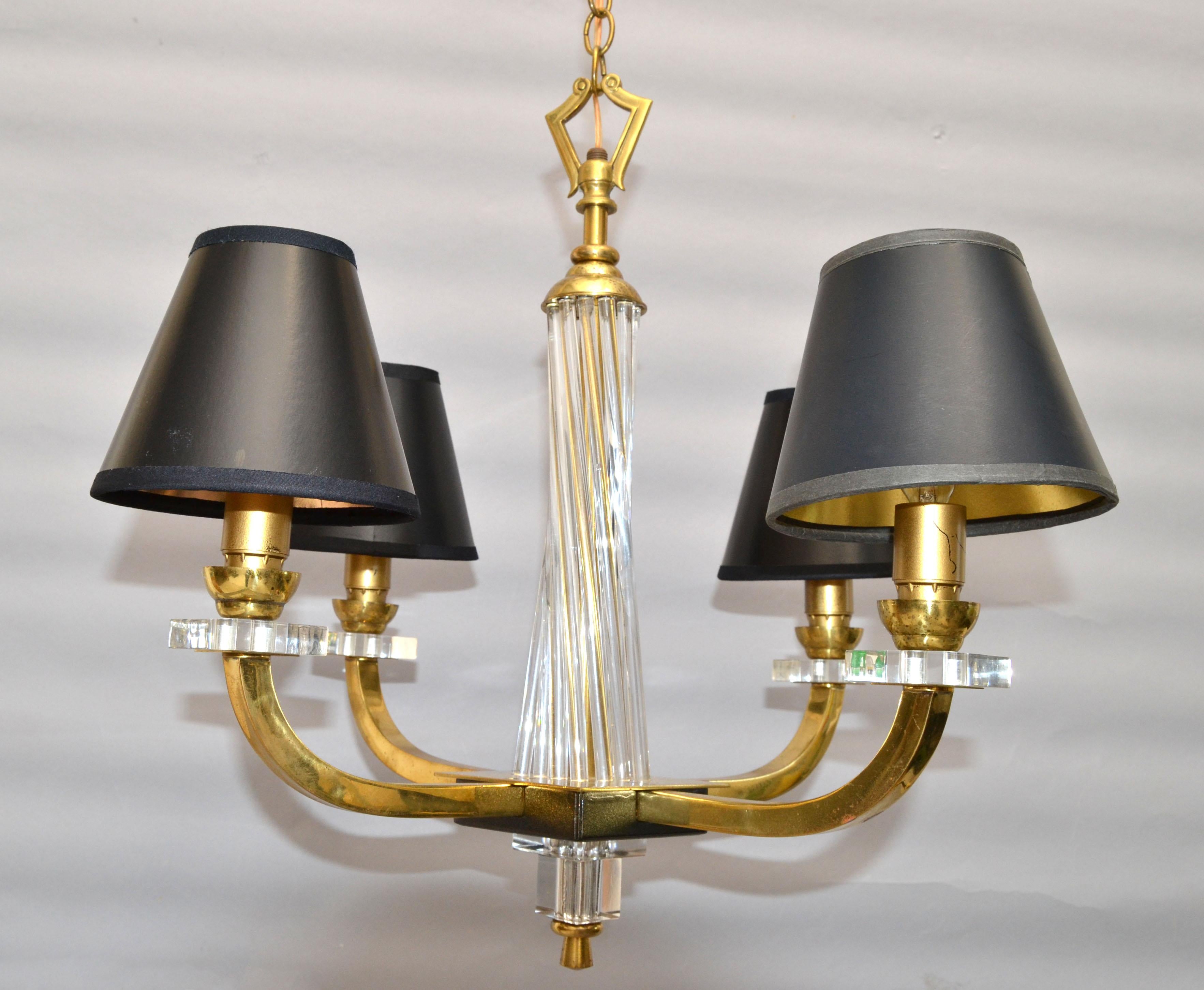 Mid-Century Modern Pair, Jacques Adnet Style Brass Lucite & Glass Rods 4 Light French Chandelier For Sale