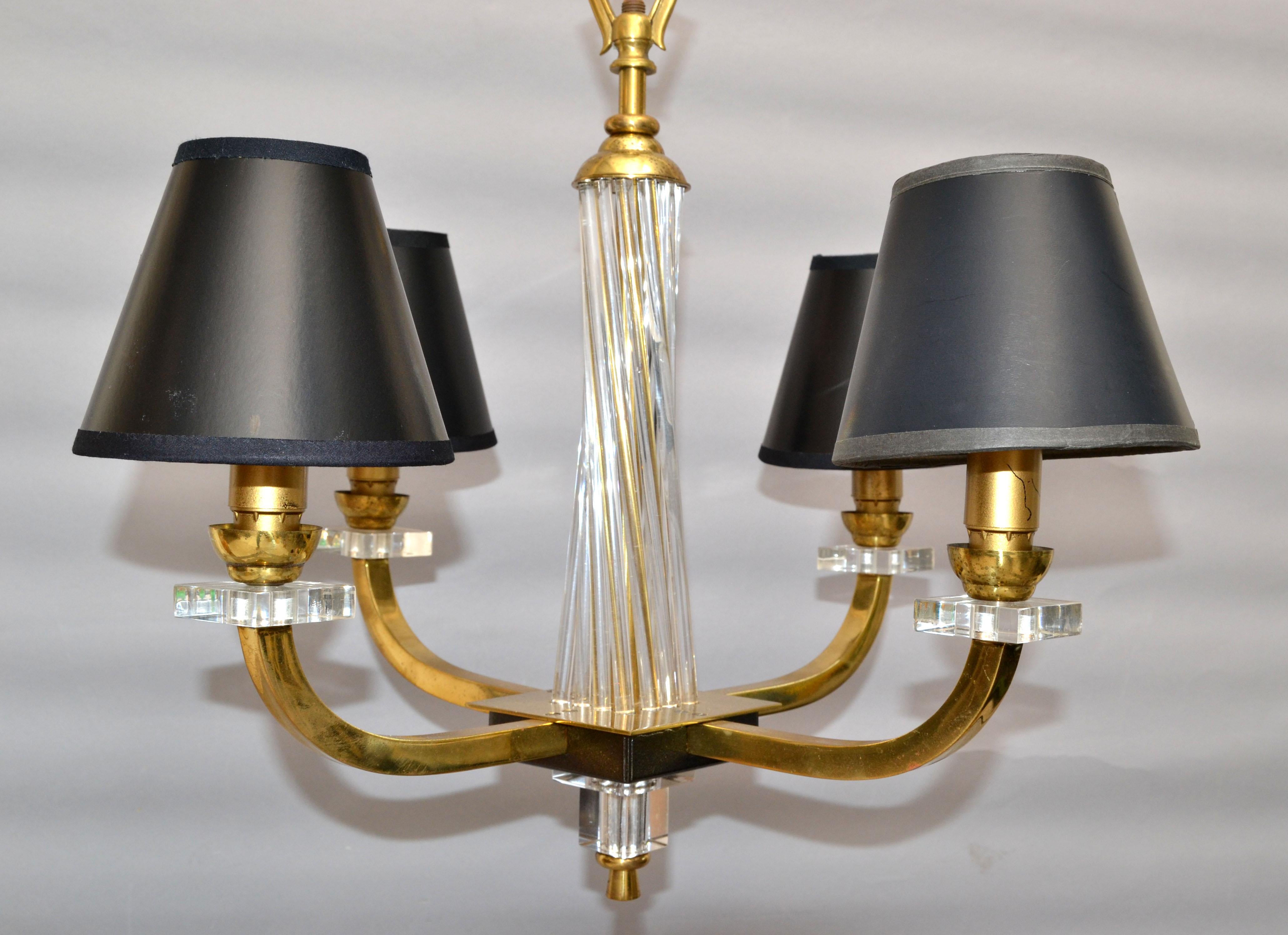 Hand-Crafted Pair, Jacques Adnet Style Brass Lucite & Glass Rods 4 Light French Chandelier For Sale