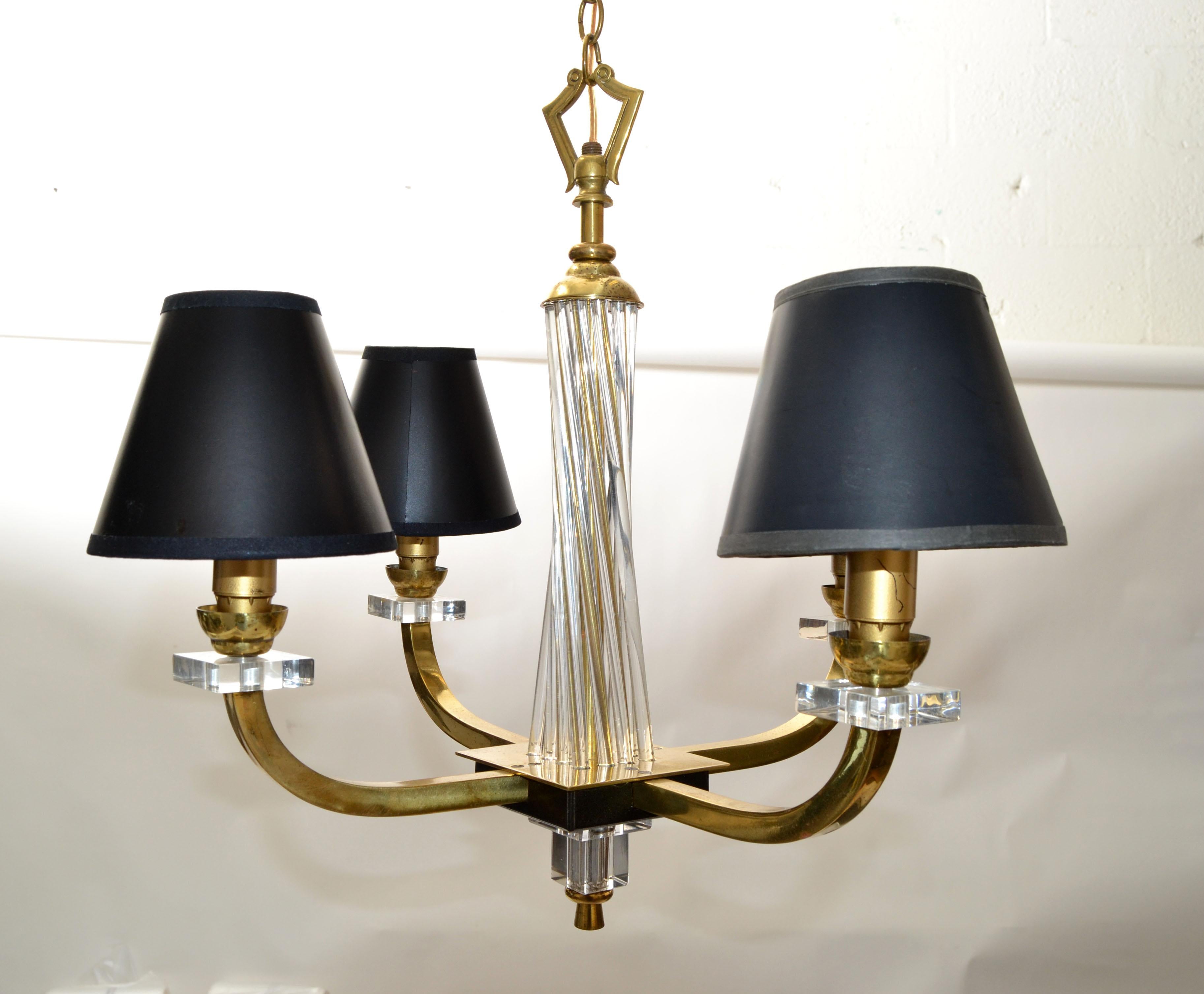 Pair, Jacques Adnet Style Brass Lucite & Glass Rods 4 Light French Chandelier In Good Condition For Sale In Miami, FL