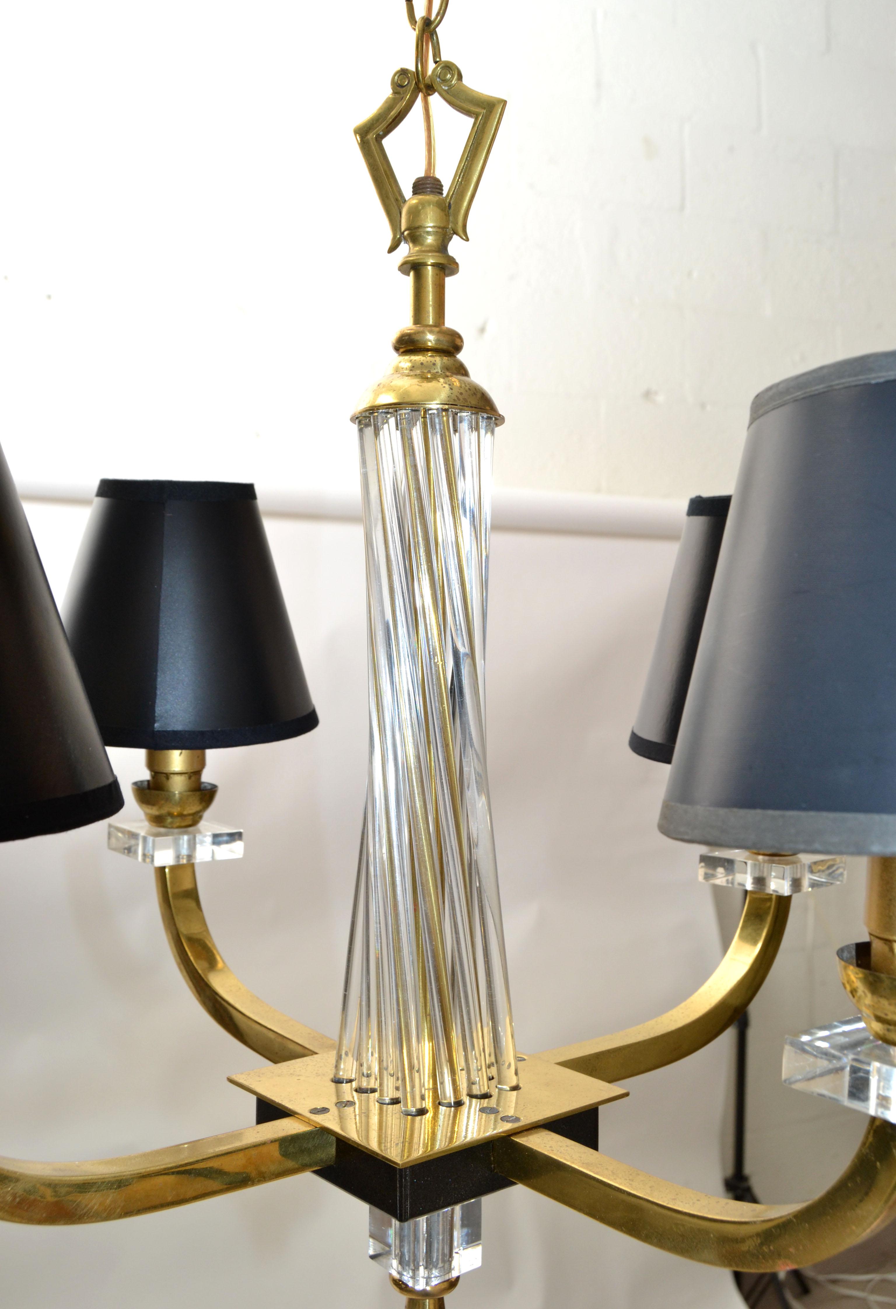 Mid-20th Century Pair, Jacques Adnet Style Brass Lucite & Glass Rods 4 Light French Chandelier For Sale