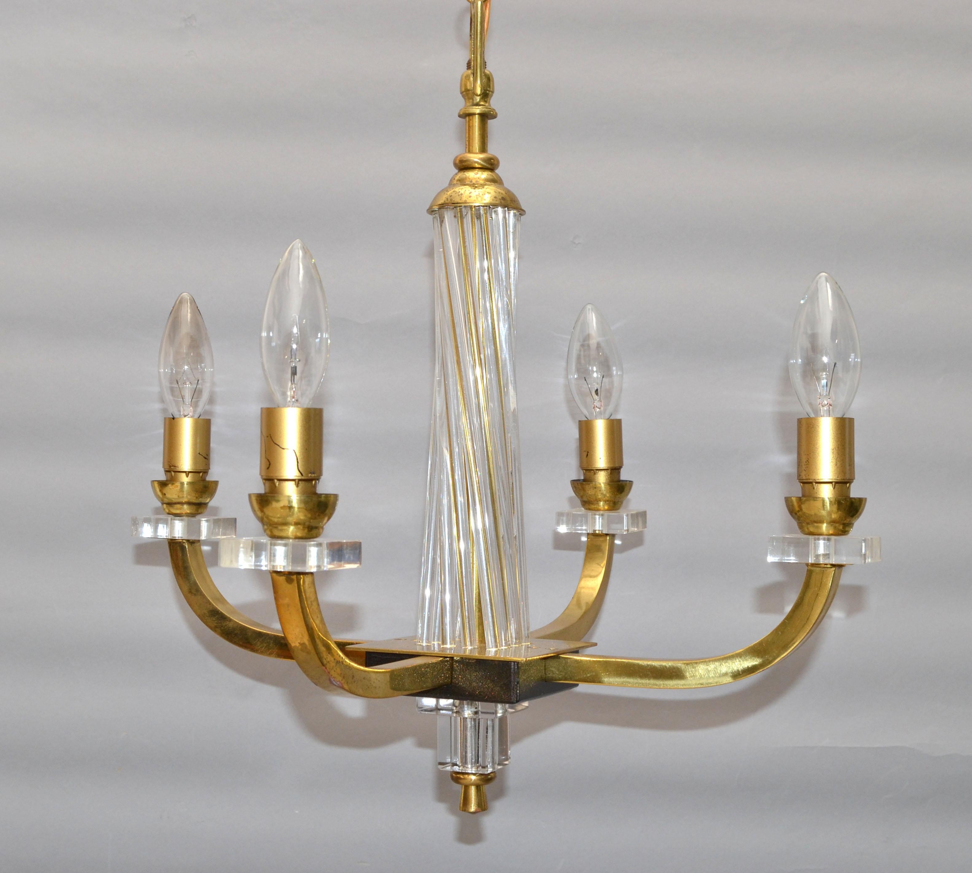 Blown Glass Pair, Jacques Adnet Style Brass Lucite & Glass Rods 4 Light French Chandelier For Sale
