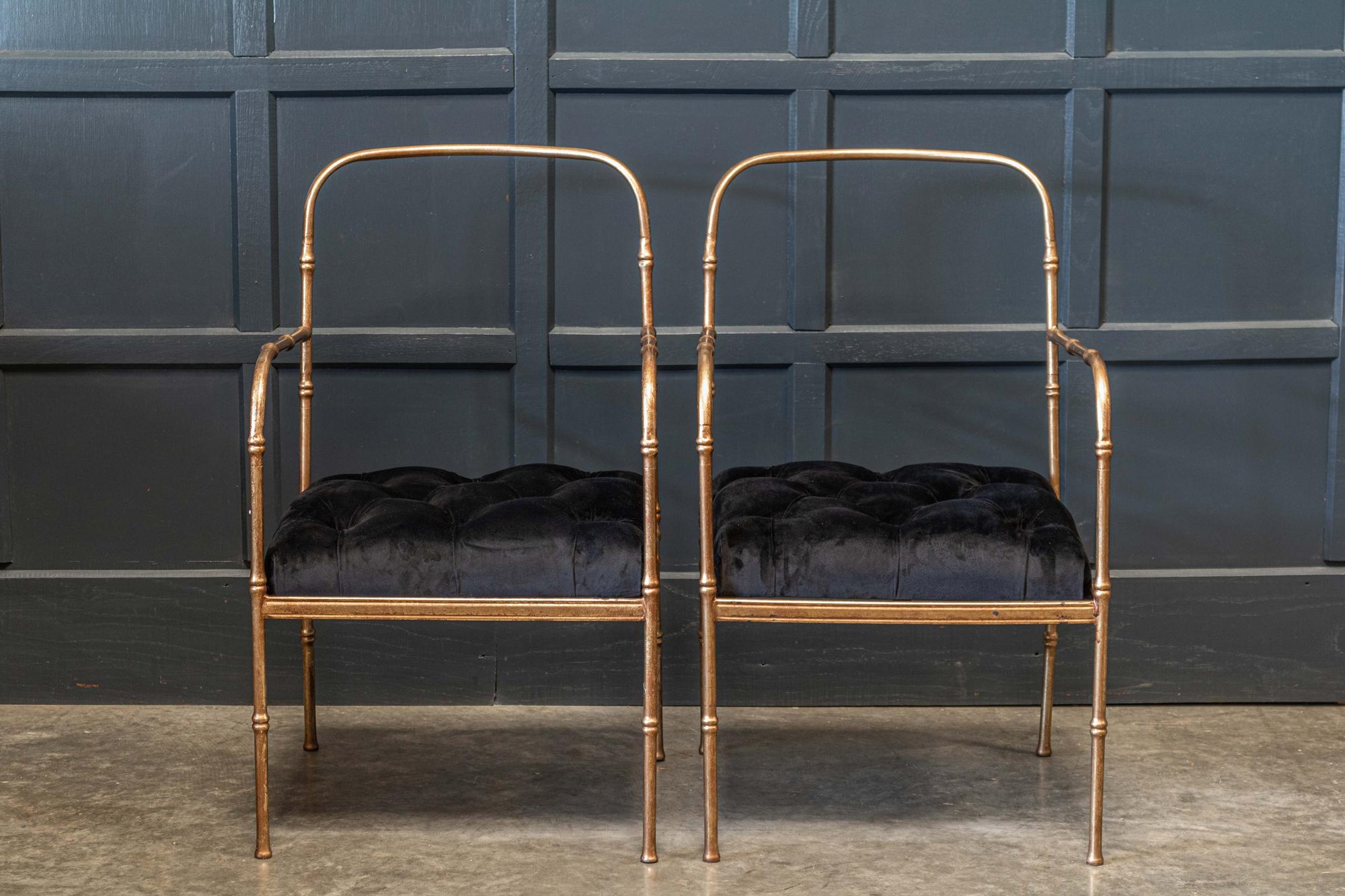 Circa. 1950's

Pair French mid century Jacques Adnet style faux bamboo gilt iron armchairs.
Reupholstered in buttoned deep pile rich black velvet.

Price is per pair
(3 pairs available in this size 85cm height, a further 3 pairs available at