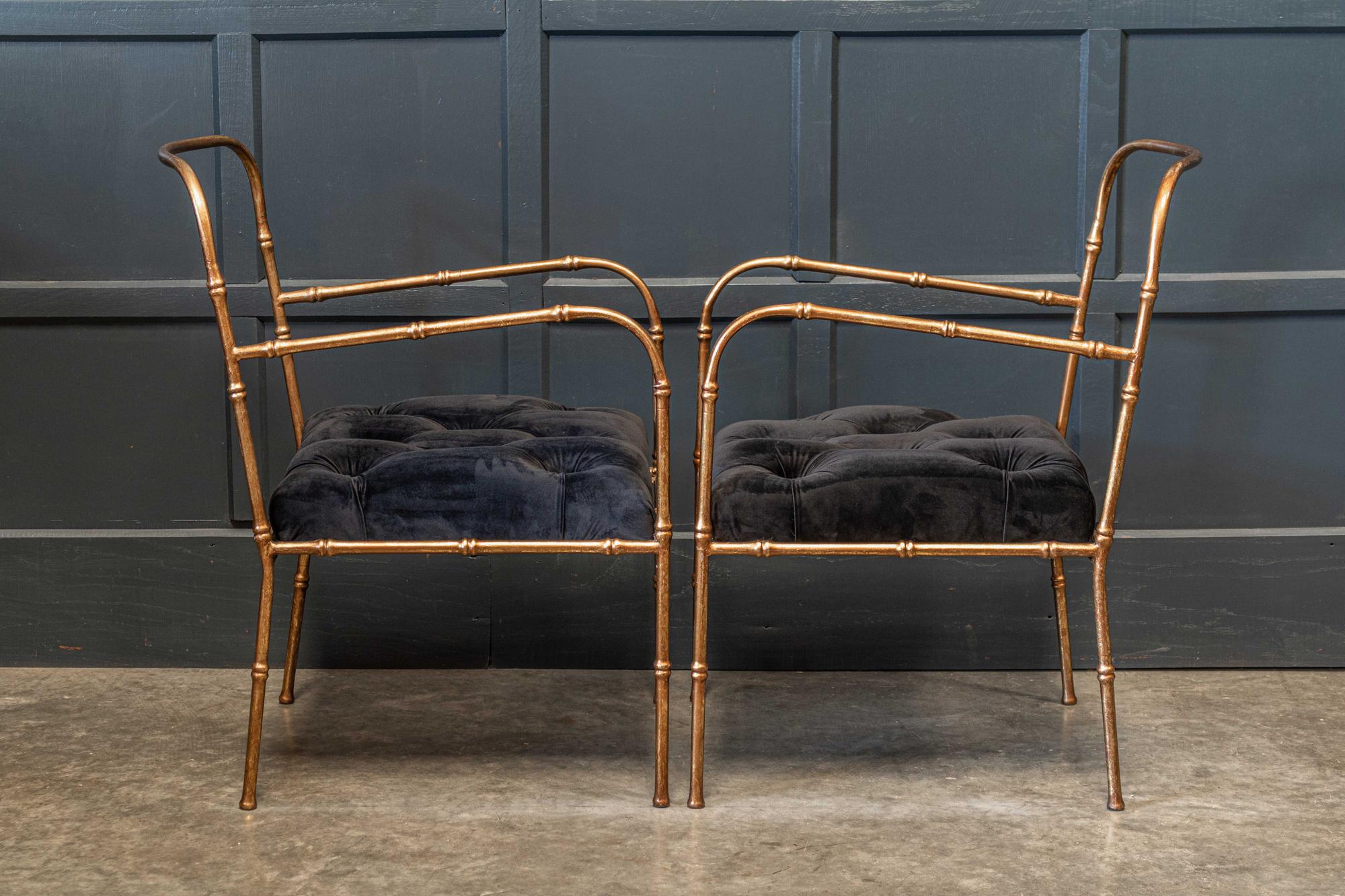 Circa. 1950's

Pair French mid century Jacques Adnet style faux bamboo gilt iron armchairs.
Reupholstered in buttoned deep pile rich black velvet.

Price is per pair
(3 pairs available in this size 80cm height, a further 3 pairs available at 85cm