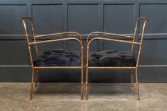 Pair Jacques Adnet Style Faux Bamboo Gilt Iron Armchairs