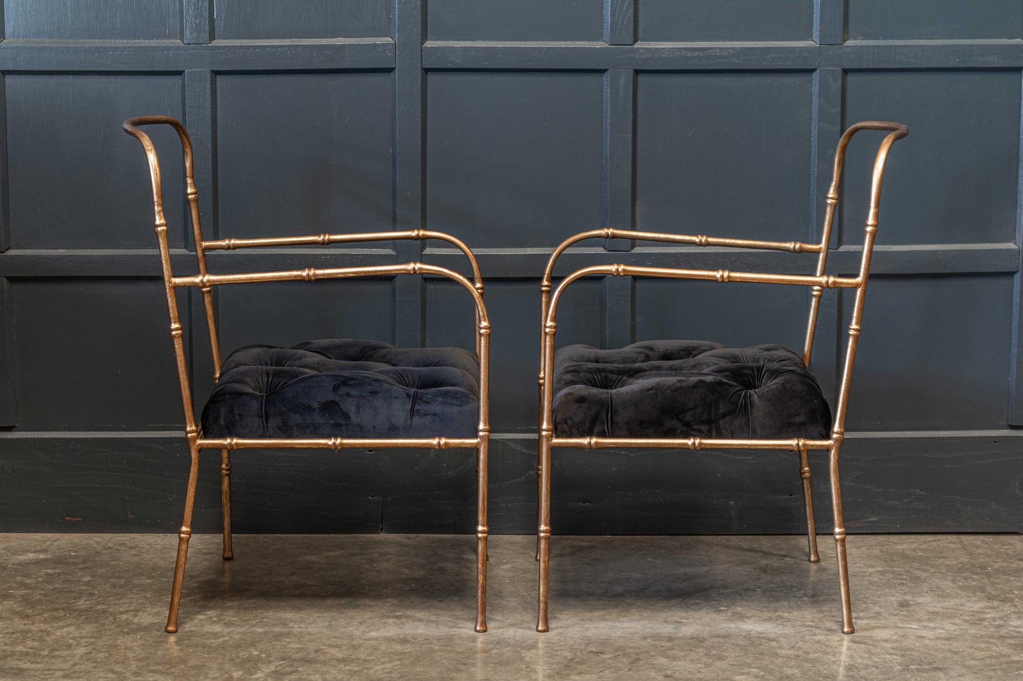 Mid-Century Modern Pair of Jacques Adnet Style Faux Bamboo Gilt Iron Armchairs For Sale