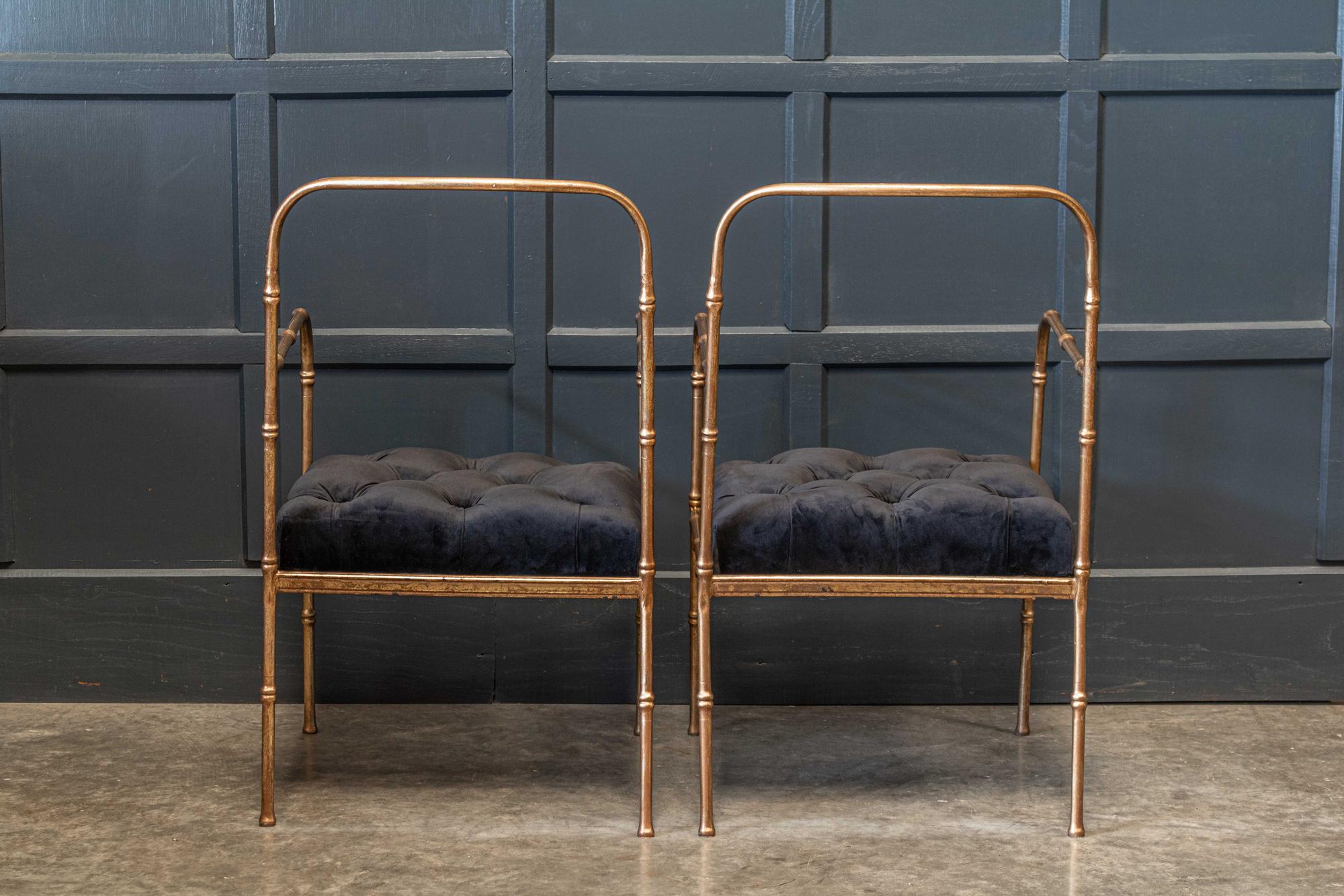 French Pair of Jacques Adnet Style Faux Bamboo Gilt Iron Armchairs For Sale