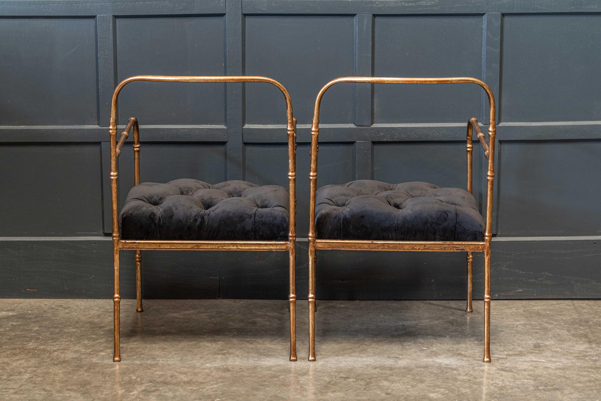 French Pair Jacques Adnet Style Faux Bamboo Gilt Iron Armchairs For Sale