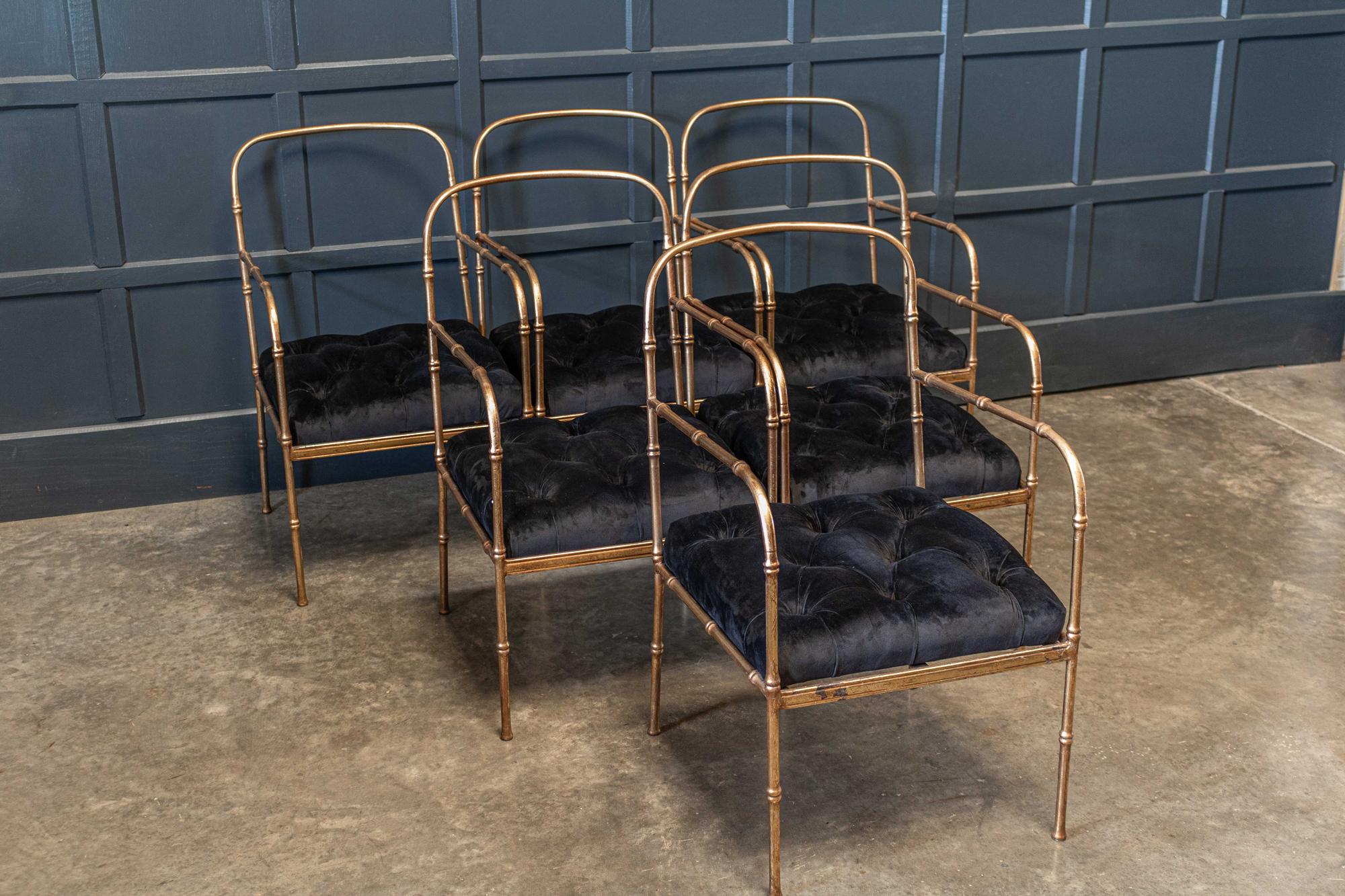 20th Century Pair of Jacques Adnet Style Faux Bamboo Gilt Iron Armchairs For Sale