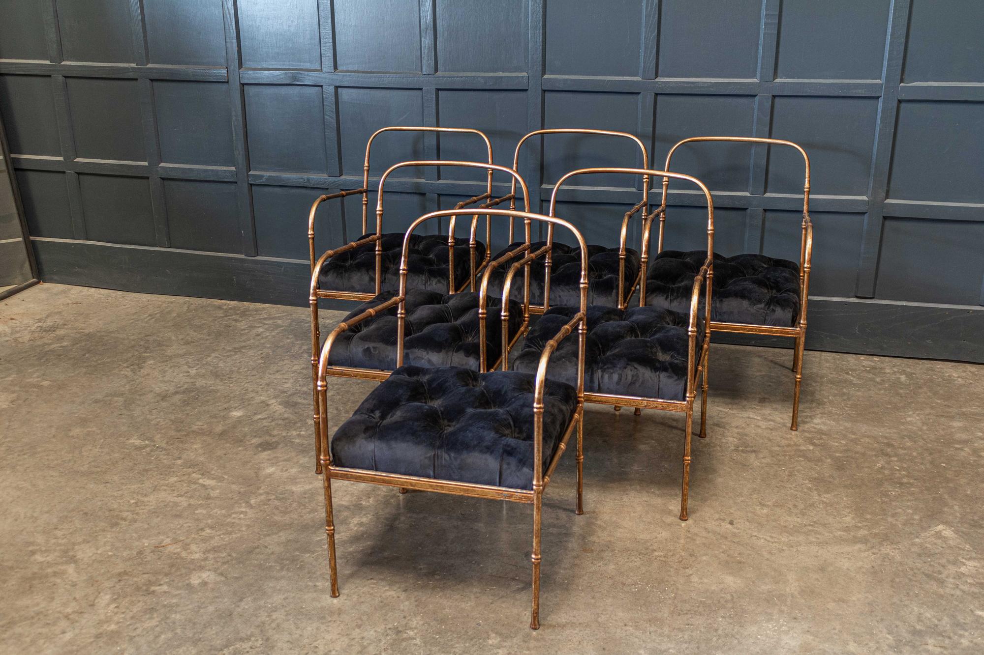 20th Century Pair Jacques Adnet Style Faux Bamboo Gilt Iron Armchairs For Sale