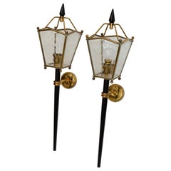 Pair, Jacques Adnet Style Medium Size Sconces Lantern Wall Lamps France 1960