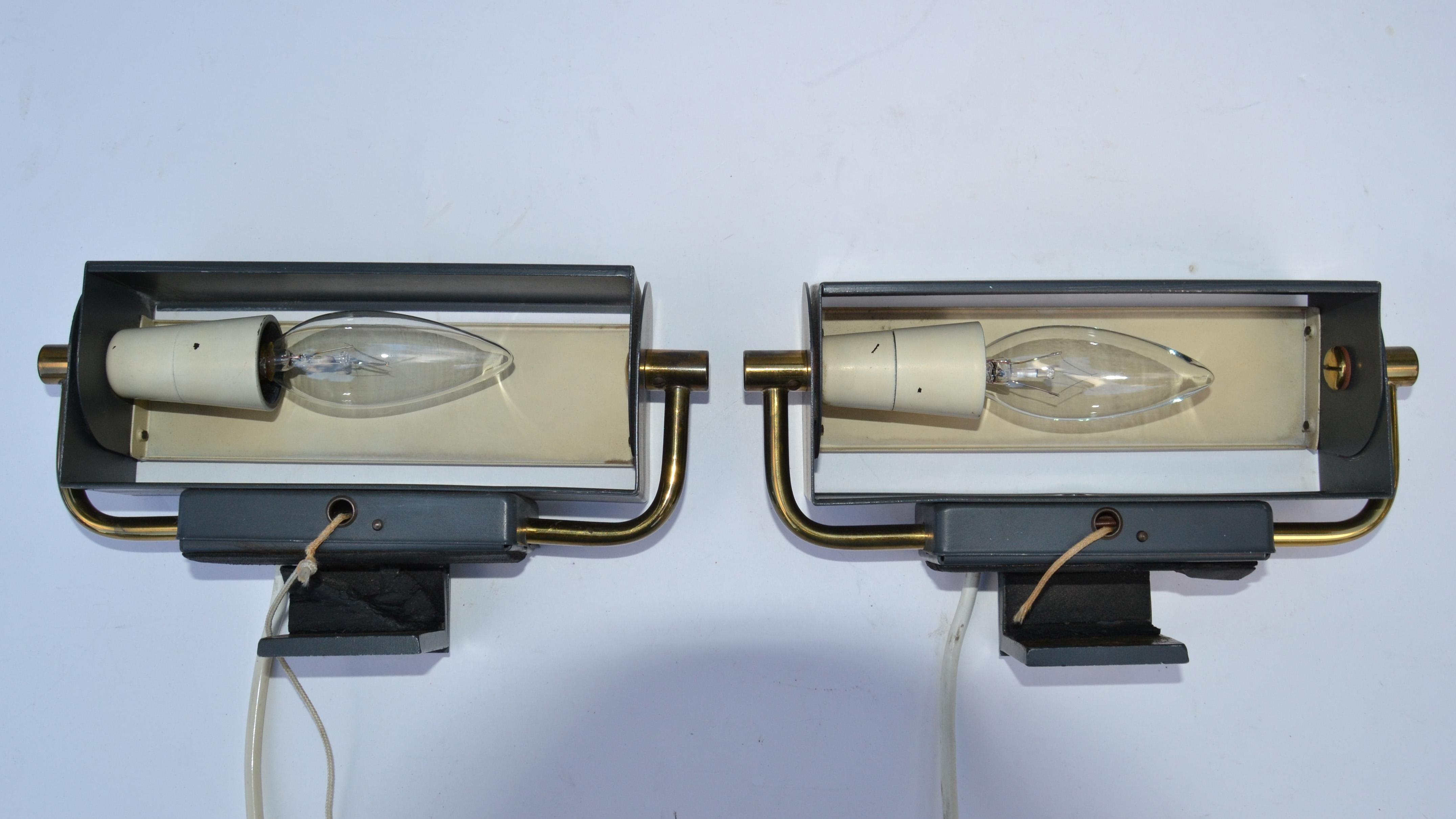 Pair, Jacques Biny Style Sconces Brass & Steel French Mid-Century Modern, 1955 For Sale 8