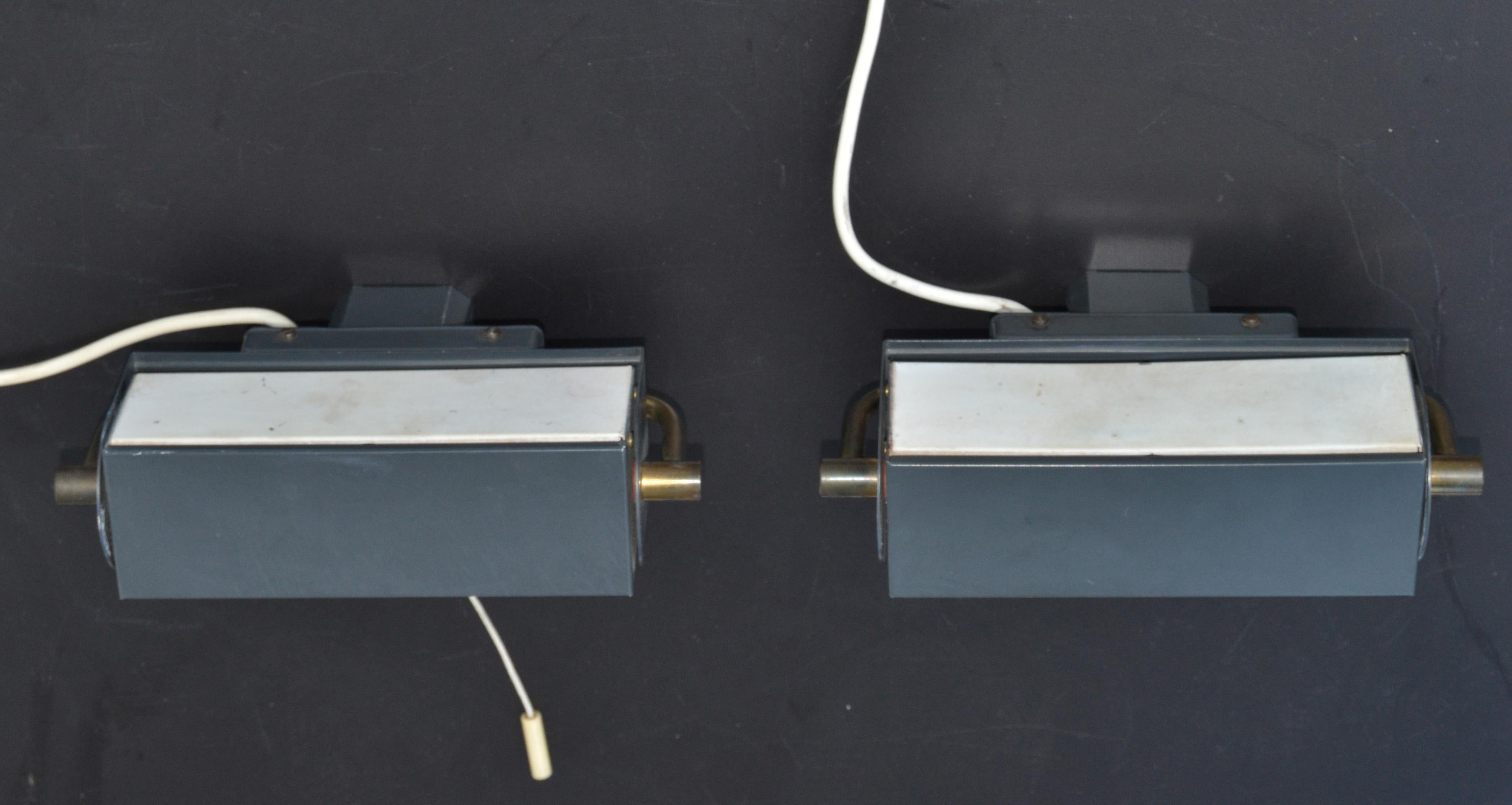 Mid-20th Century Pair, Jacques Biny Style Sconces Brass & Steel French Mid-Century Modern, 1955 For Sale