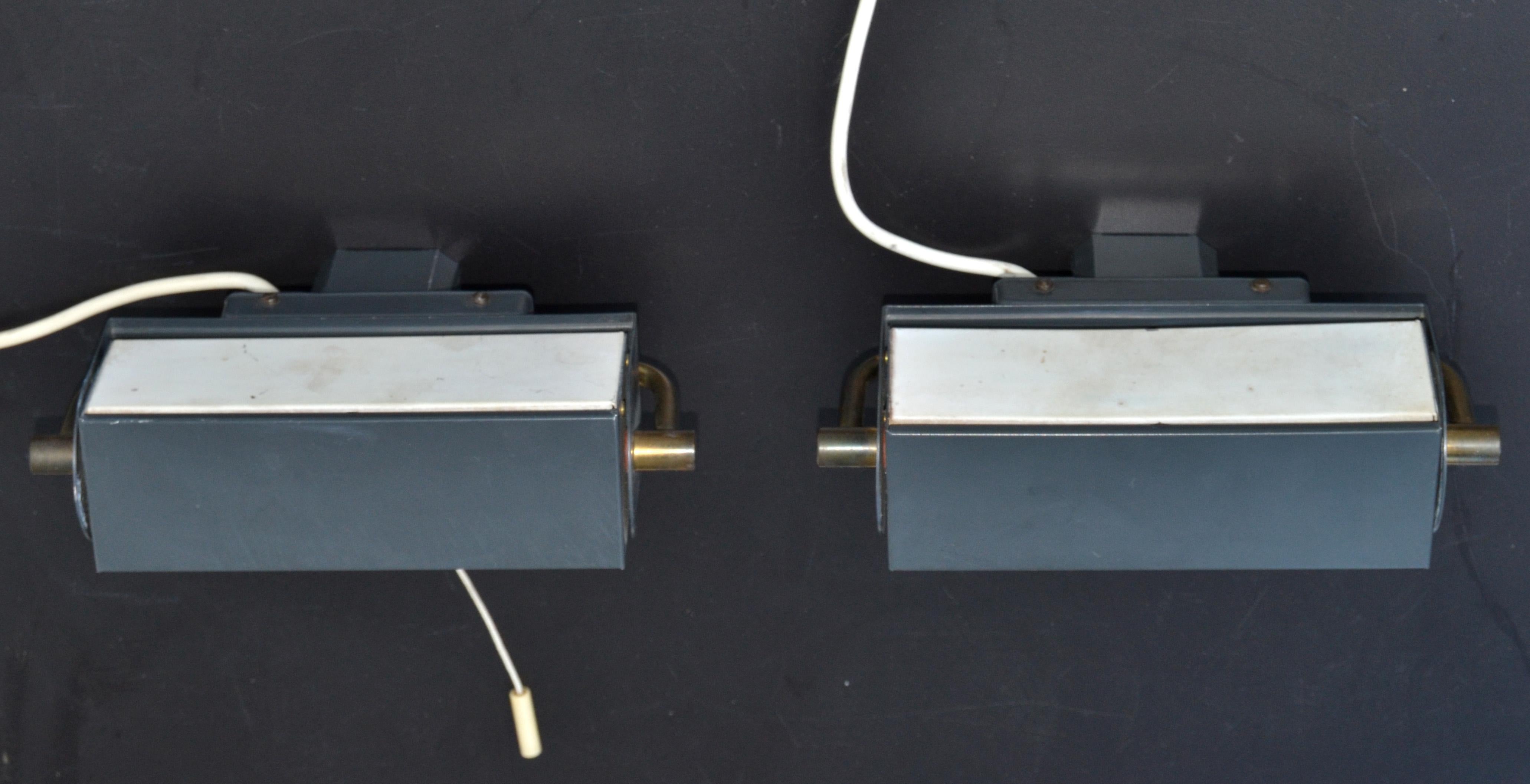 Pair, Jacques Biny Style Sconces Brass & Steel French Mid-Century Modern, 1955 For Sale 2