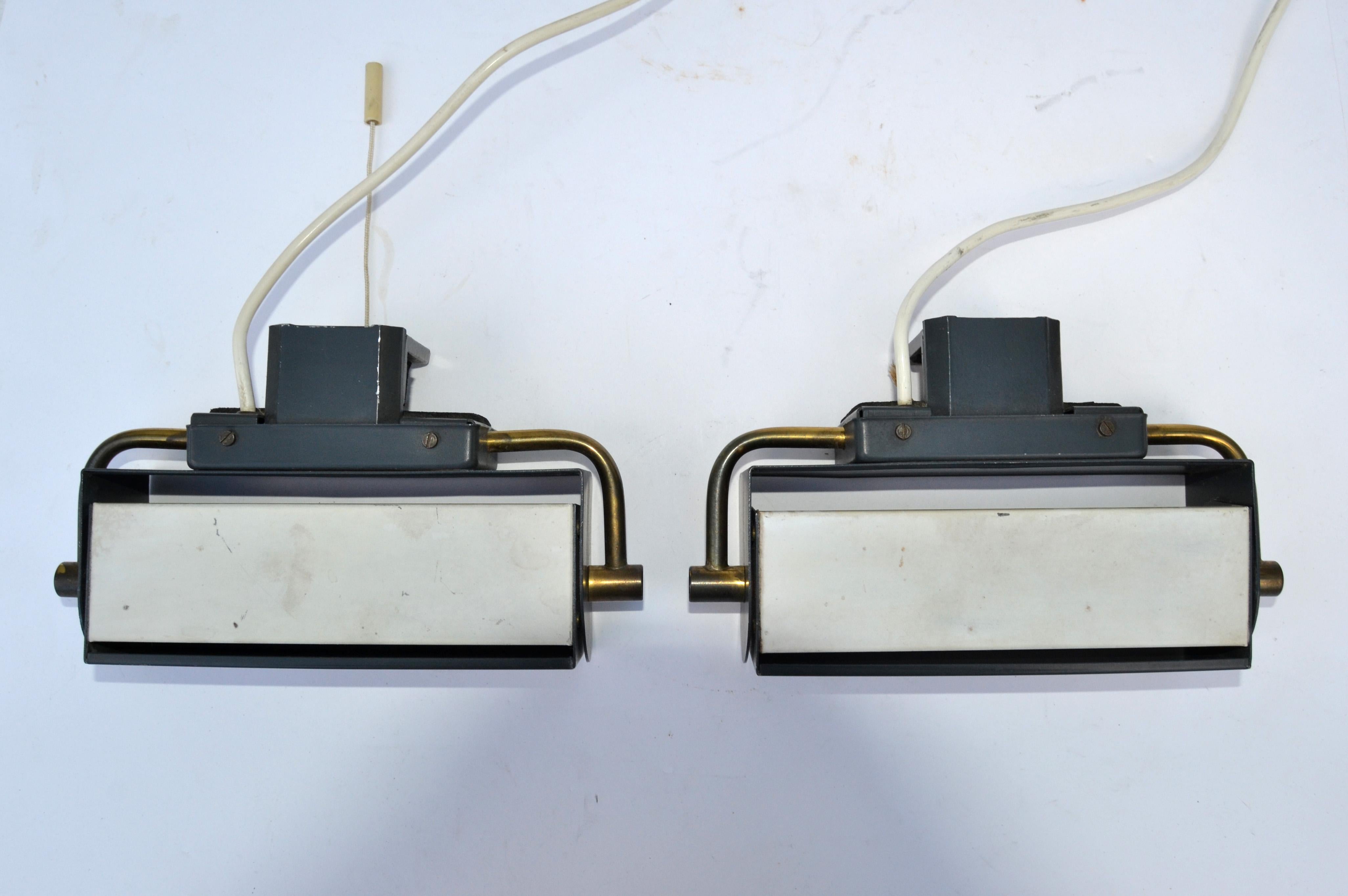 Pair, Jacques Biny Style Sconces Brass & Steel French Mid-Century Modern, 1955 For Sale 5