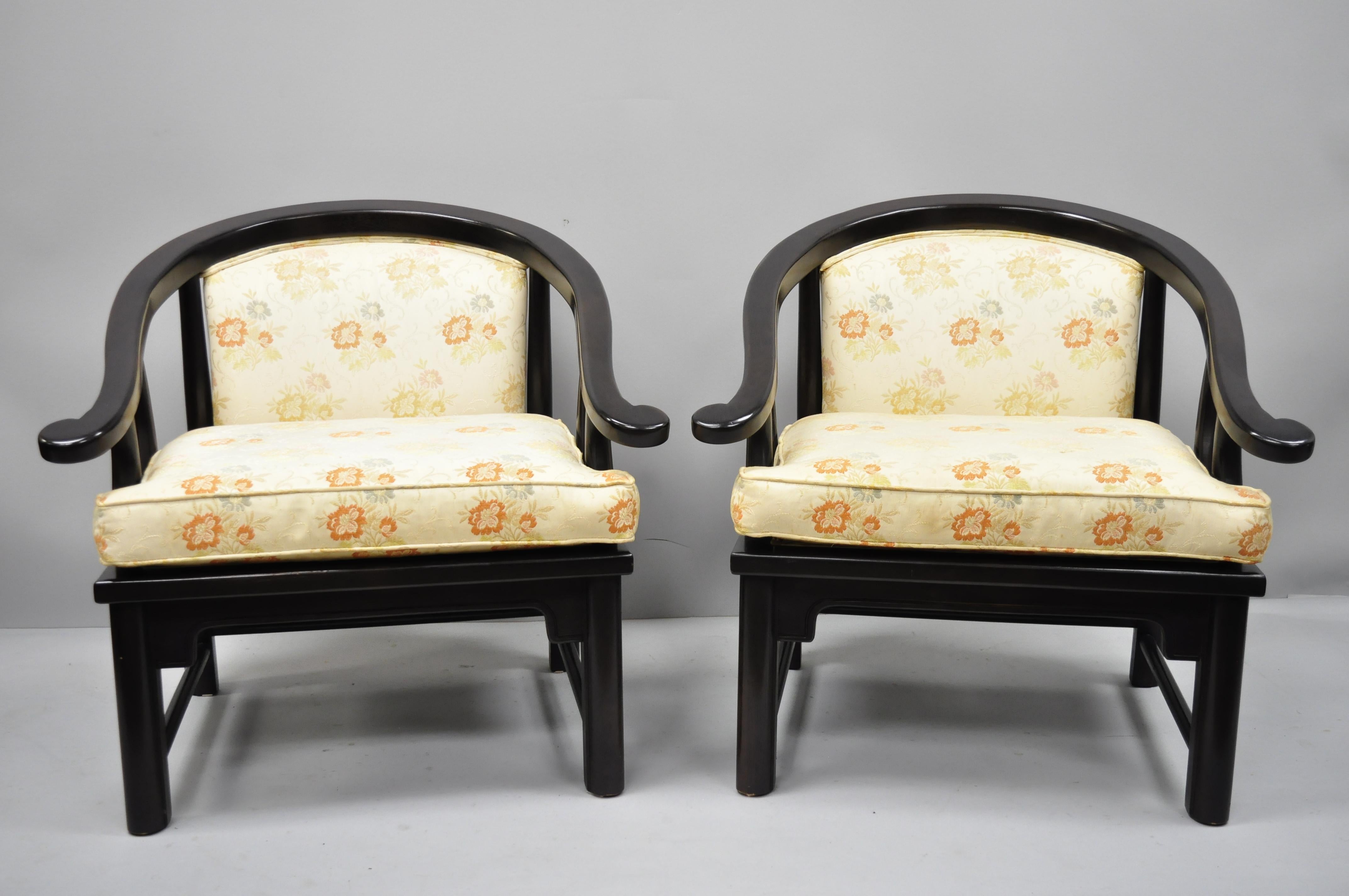 Pair James Mont style horseshoe Ming style armchairs by Century Chair Co. (A). Item features solid wood construction, beautiful wood grain, great style and form, circa mid-20th century. Measurements: 30
