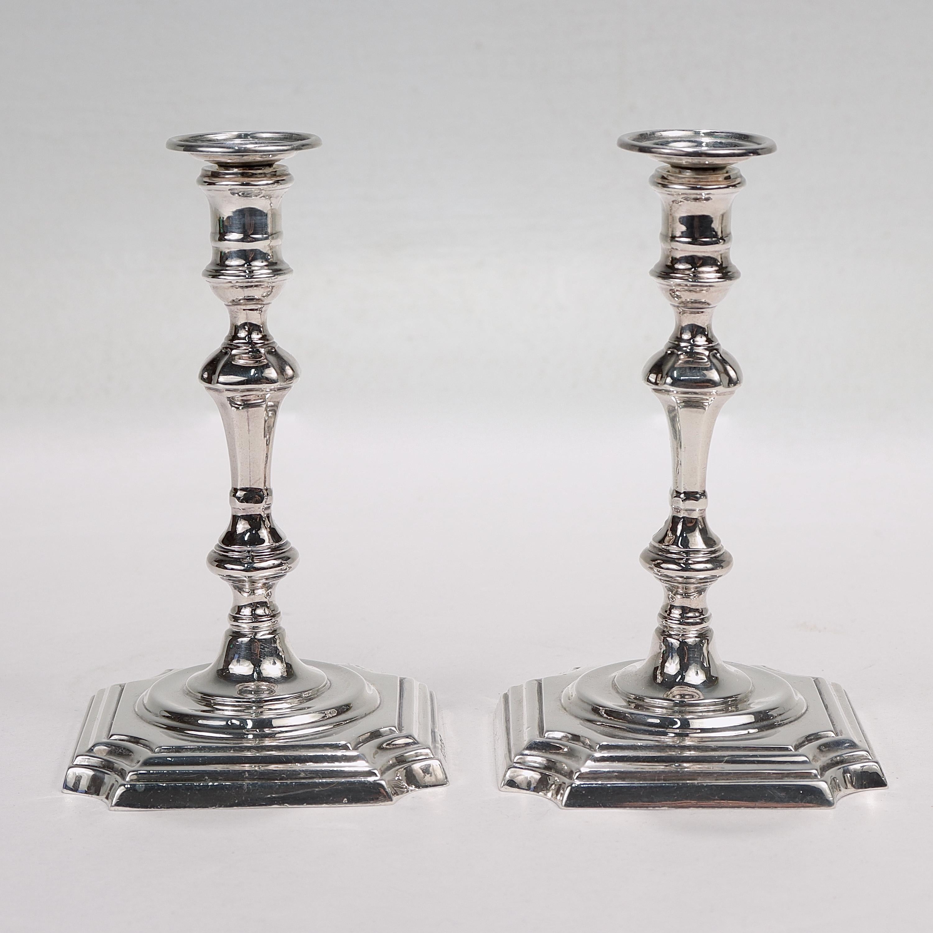 Pair James Robinson 18th Cent. Georgian Style Sterling Silver Taper Candlesticks In Good Condition For Sale In Philadelphia, PA