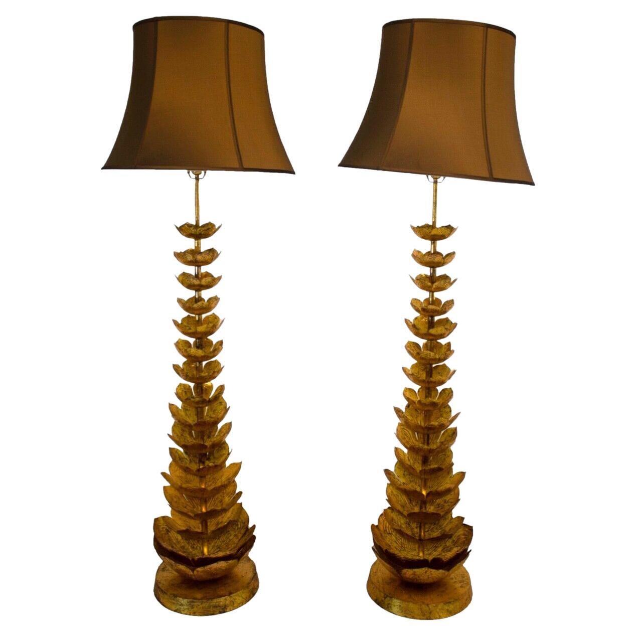 Pair Jamie Young Gold Flowering Large Lotus Floor Lamps For Sale