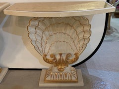 Pair of Jansen Shell Form White and Gilt Gold Glass Top Demilune Console Tables