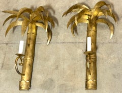 Pair Jansen Style French Gilt Tôle Palm Tree Two-Light Wall Sconces, Circa 1960s
