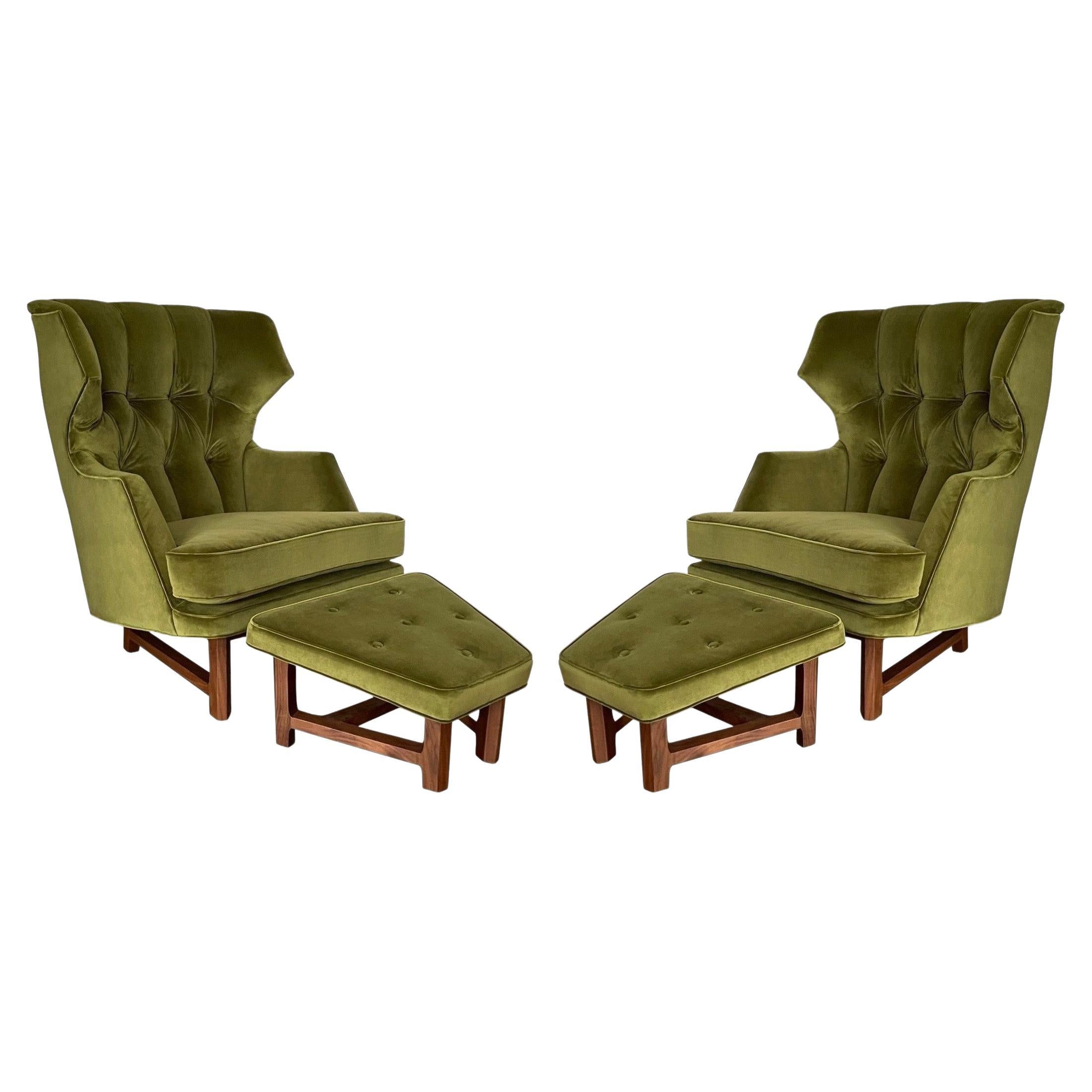 Pair Janus Wing Chairs with Ottomans by Edward Wormley for Dunbar