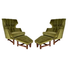 Vintage Pair Janus Wing Chairs with Ottomans by Edward Wormley for Dunbar