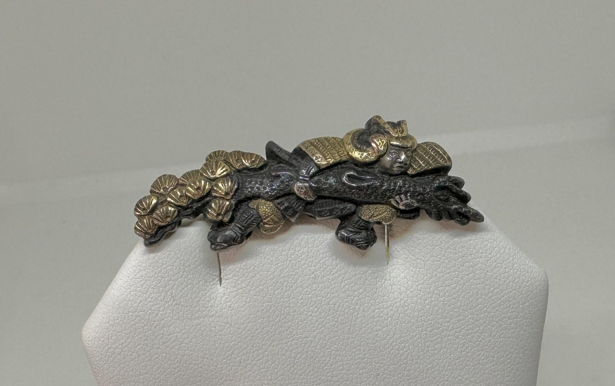 Aesthetic Movement Pair Japan Shakudo Sea Dragon Samurai Warrior Lily Pad Brooches Gold Victorian For Sale
