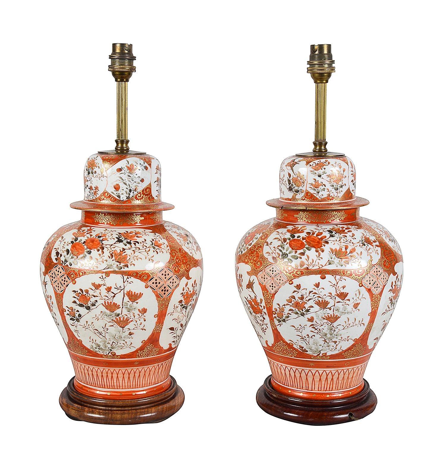Pair Japanese 19th Century Kutani porcelain vases / lamps. For Sale 2