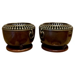 Pair Japanese Art Deco Taisho Bronze Cachepot Planters or Orchid Pots Circa 1920