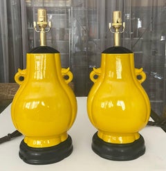 Pair Japanese Asian Bright Yellow Porcelain Table Lamps