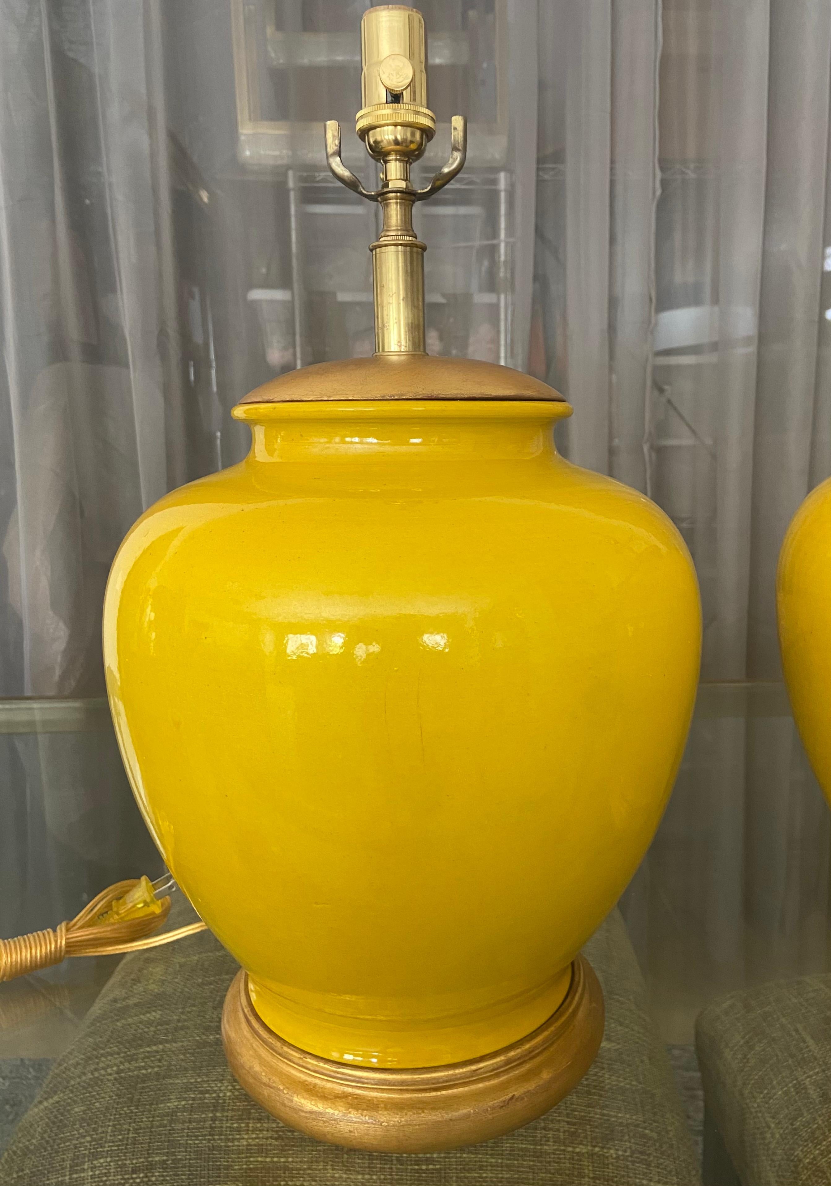 Brass Pair Japanese Asian Bright Yellow Porcelain Table Lamps For Sale
