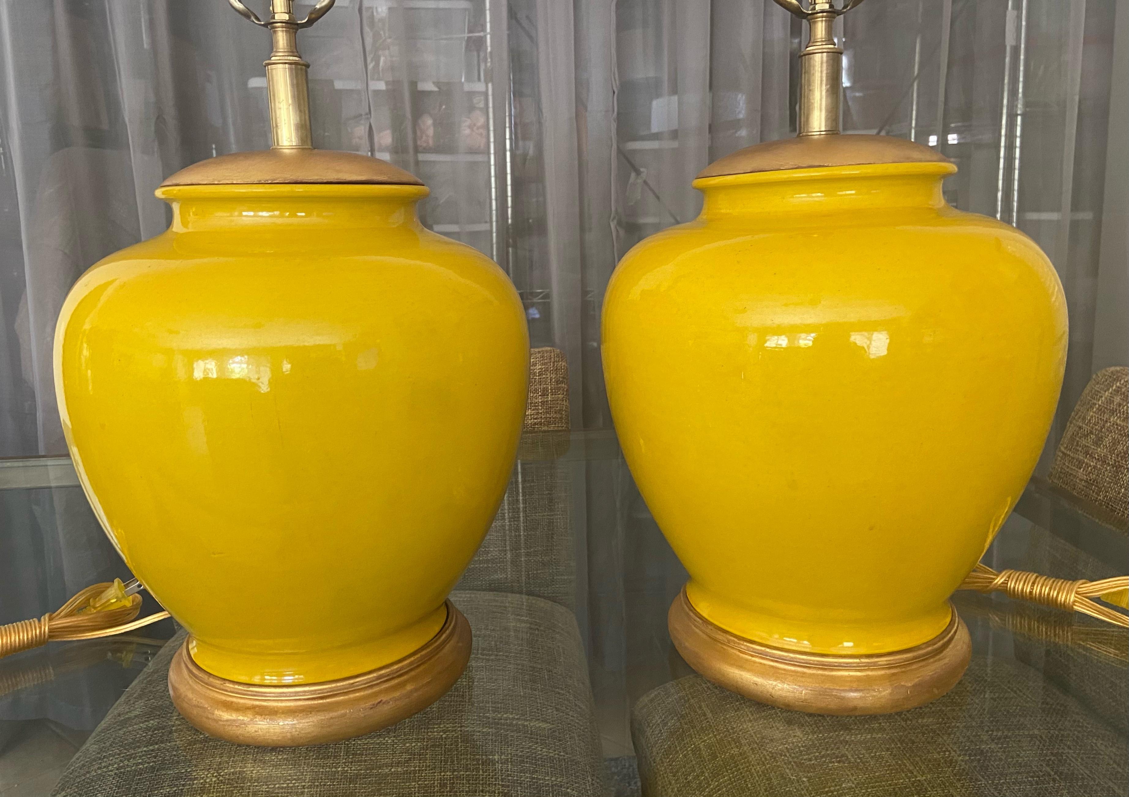 Pair Japanese Asian Bright Yellow Porcelain Table Lamps For Sale 1