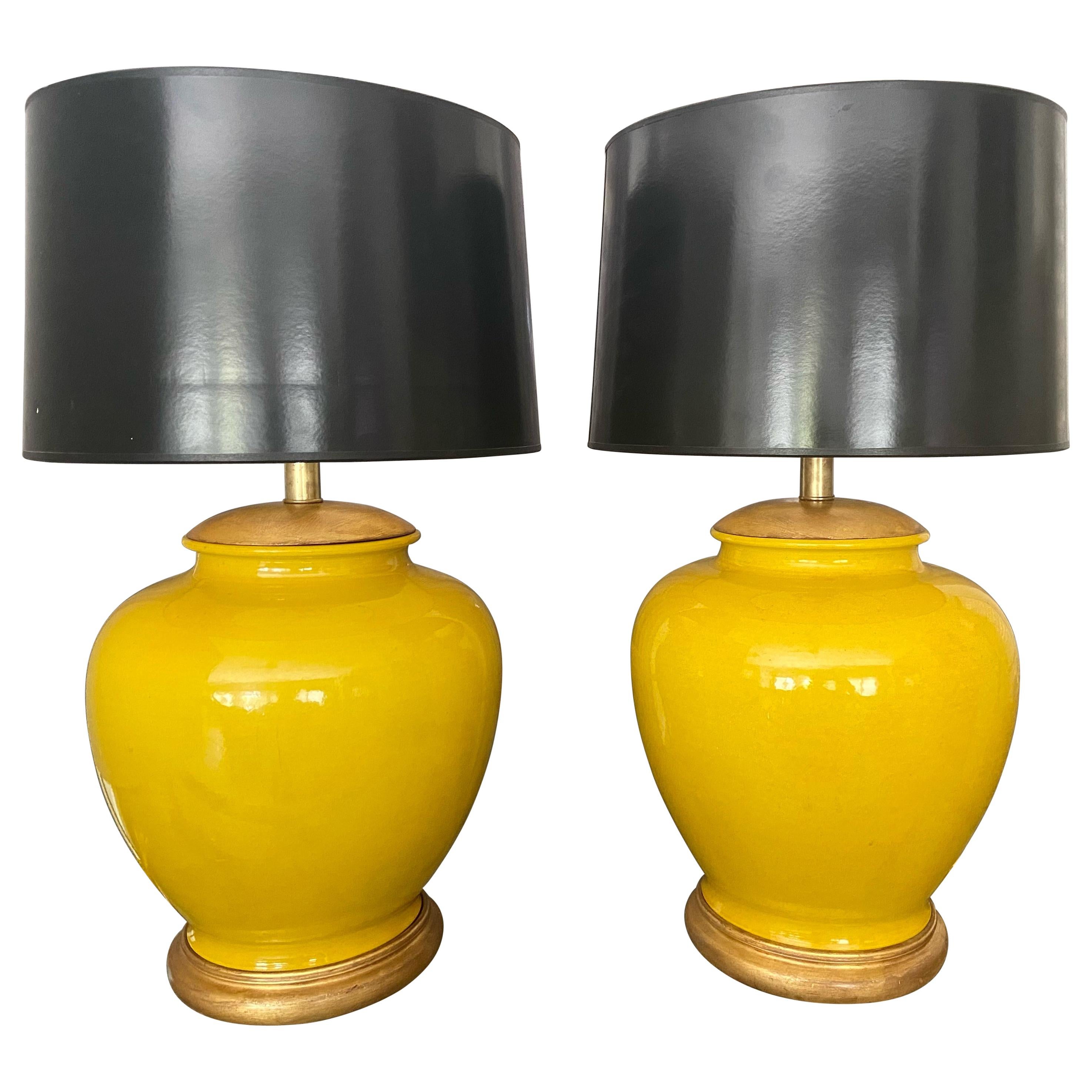 Pair Japanese Asian Bright Yellow Porcelain Table Lamps For Sale