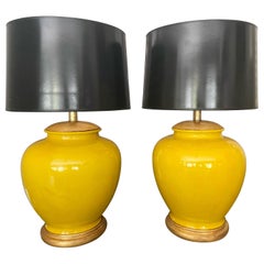 Pair Japanese Asian Bright Yellow Porcelain Table Lamps