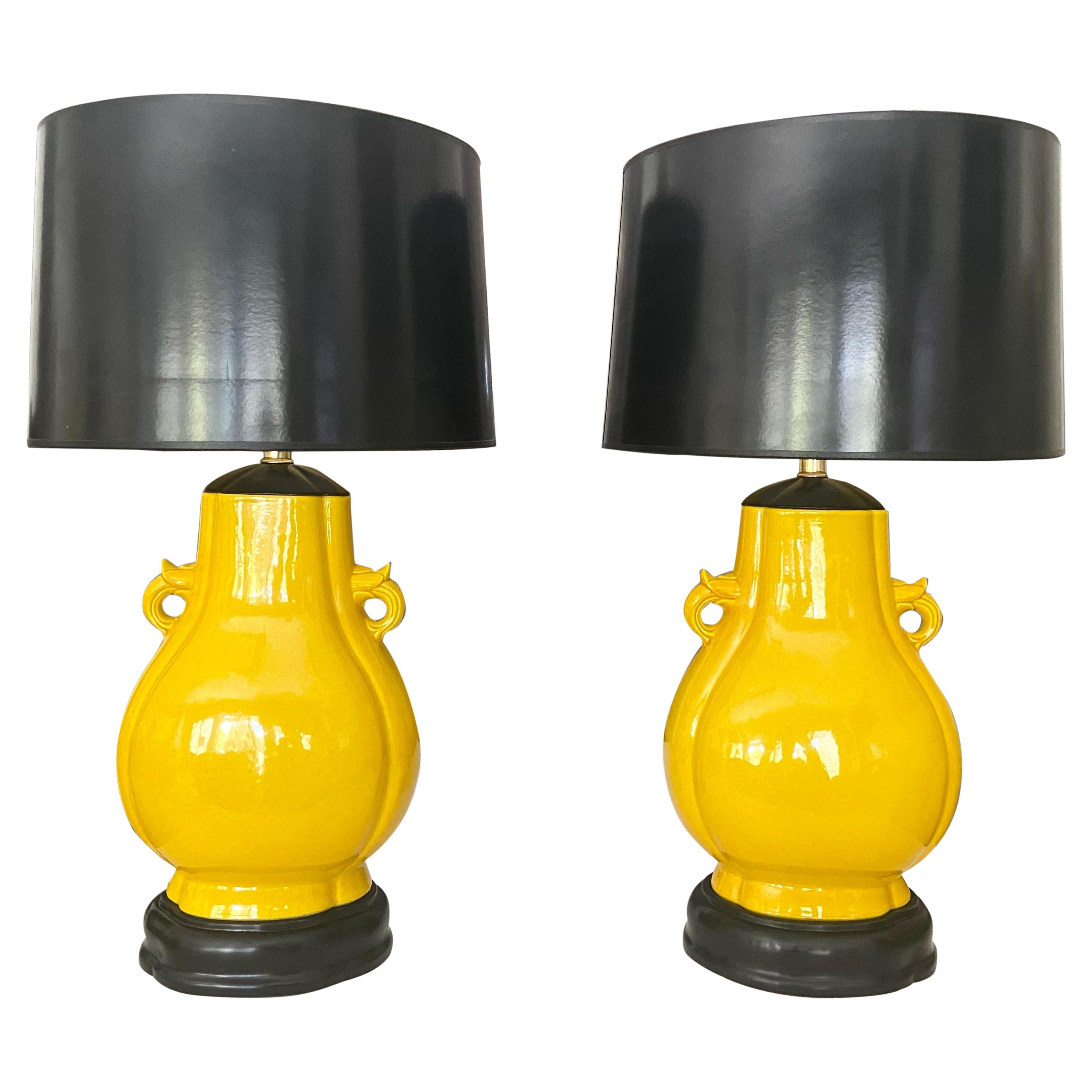 Pair Japanese Asian Bright Yellow Porcelain Table Lamps