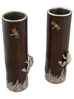 Pair Japanese Bamboo Vases with Silvered Bronze Frog Mounts