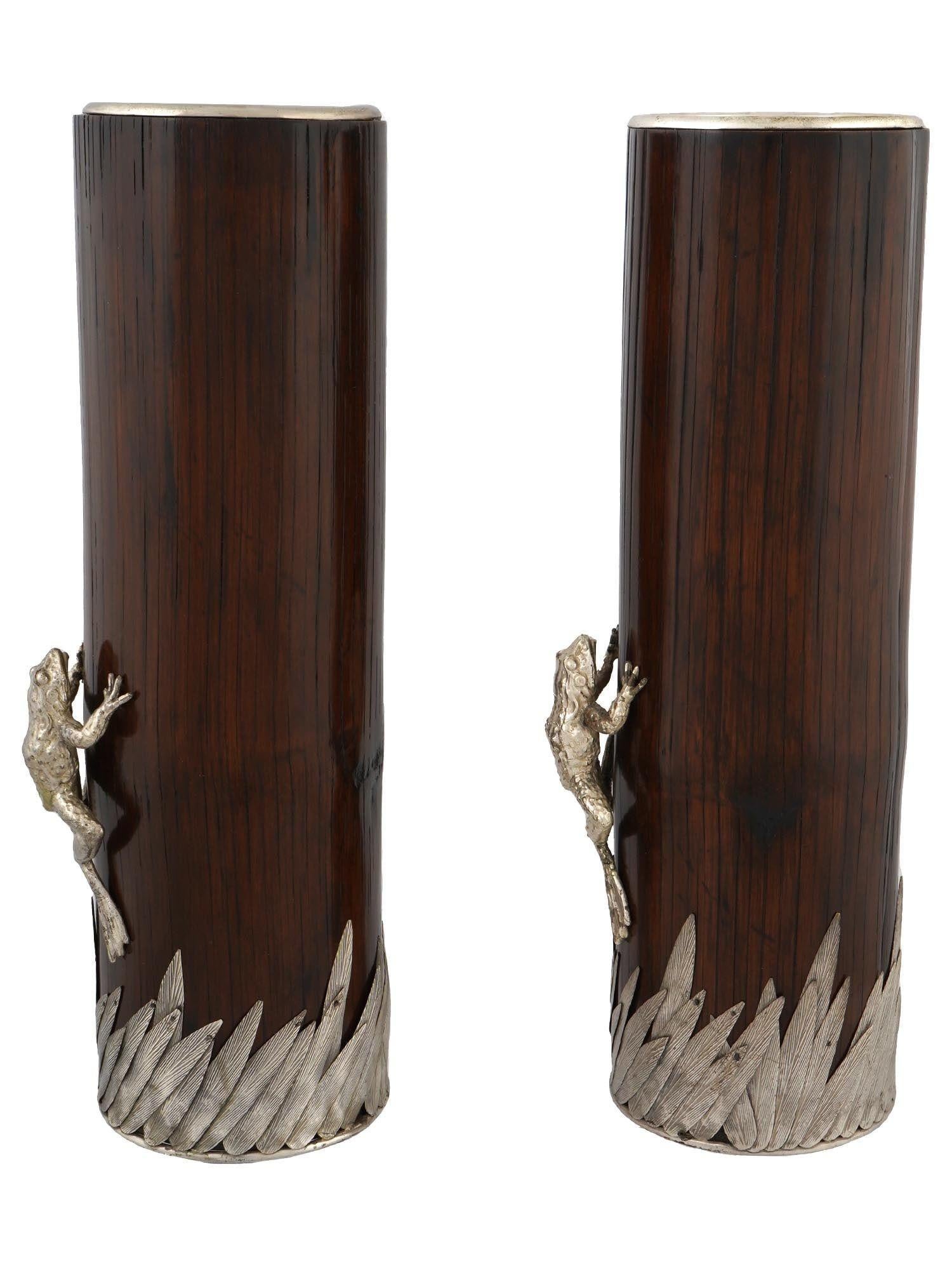 20th Century Pair Japanese Bamboo Vases with Silvered Bronze Frog Mounts For Sale