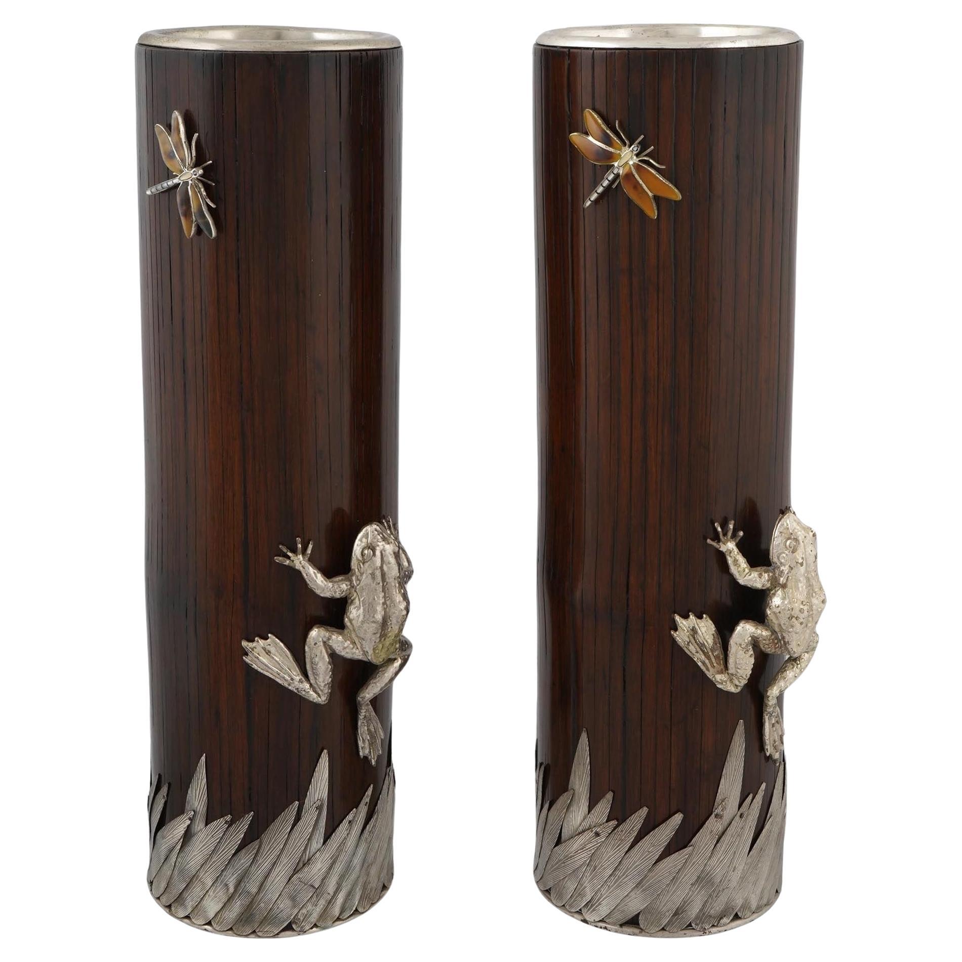 Pair Japanese Bamboo Vases with Silvered Bronze Frog Mounts For Sale