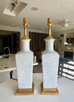 Pair Japanese Blanc De Shine Embossed Porcelain Table Lamps