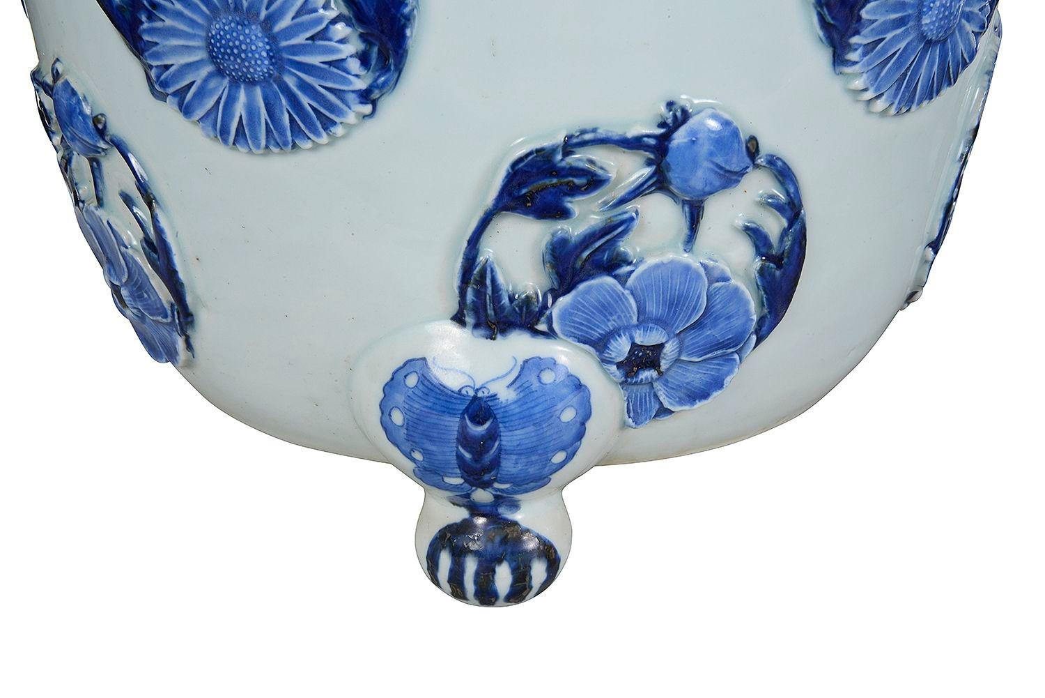 Hand-Painted Pair Japanese Blue + White jardiniere, circa 1890 For Sale
