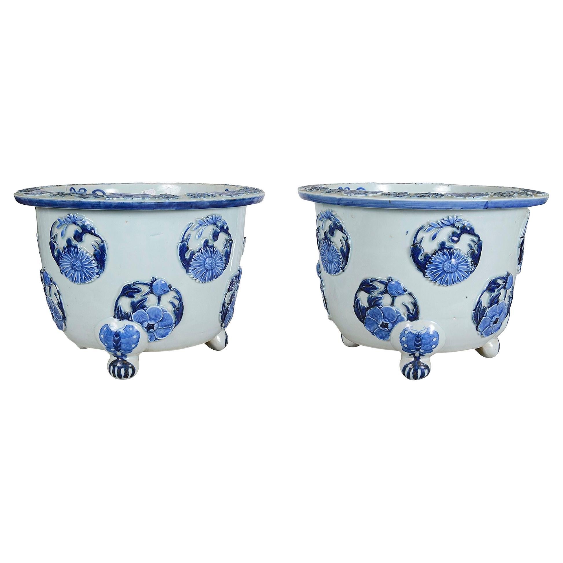 Pair Japanese Blue + White jardiniere, circa 1890 For Sale