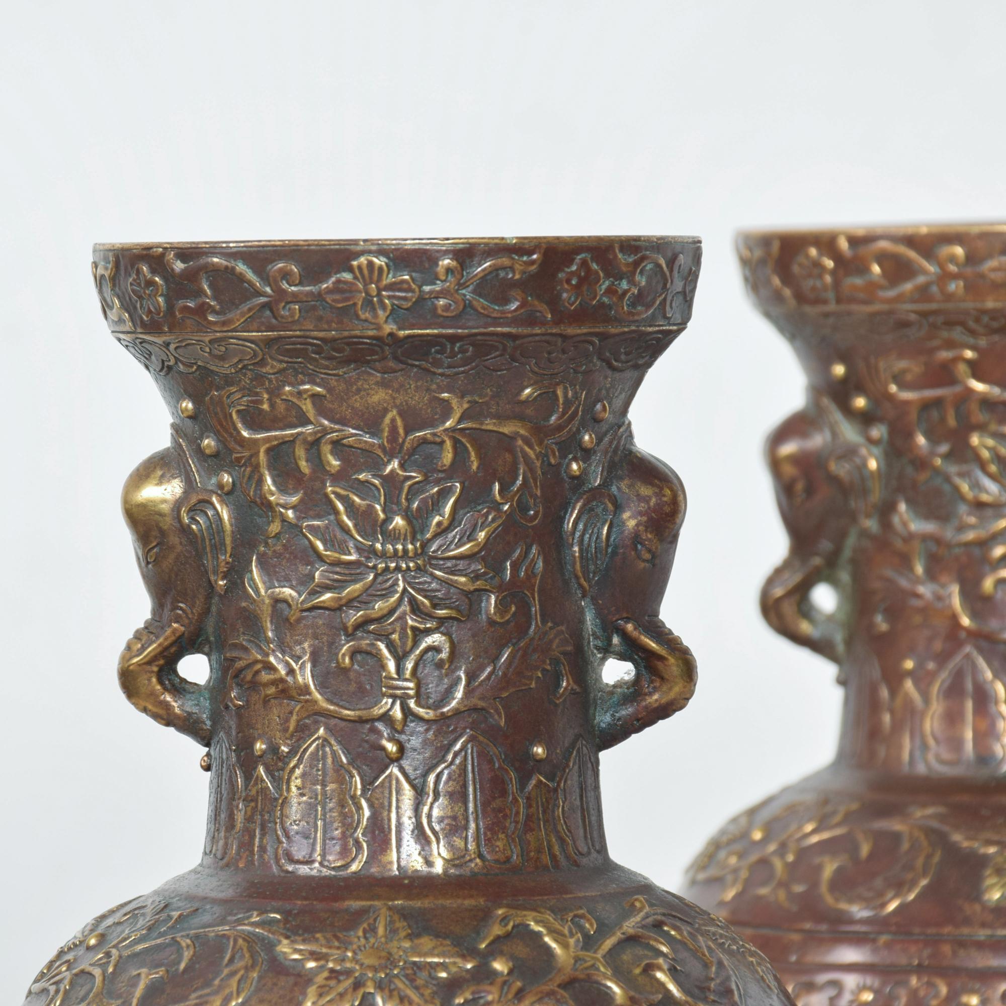 Pair Japanese Cloisonne Urns in Bronze Figural Relief Meiji Period JAPAN 8