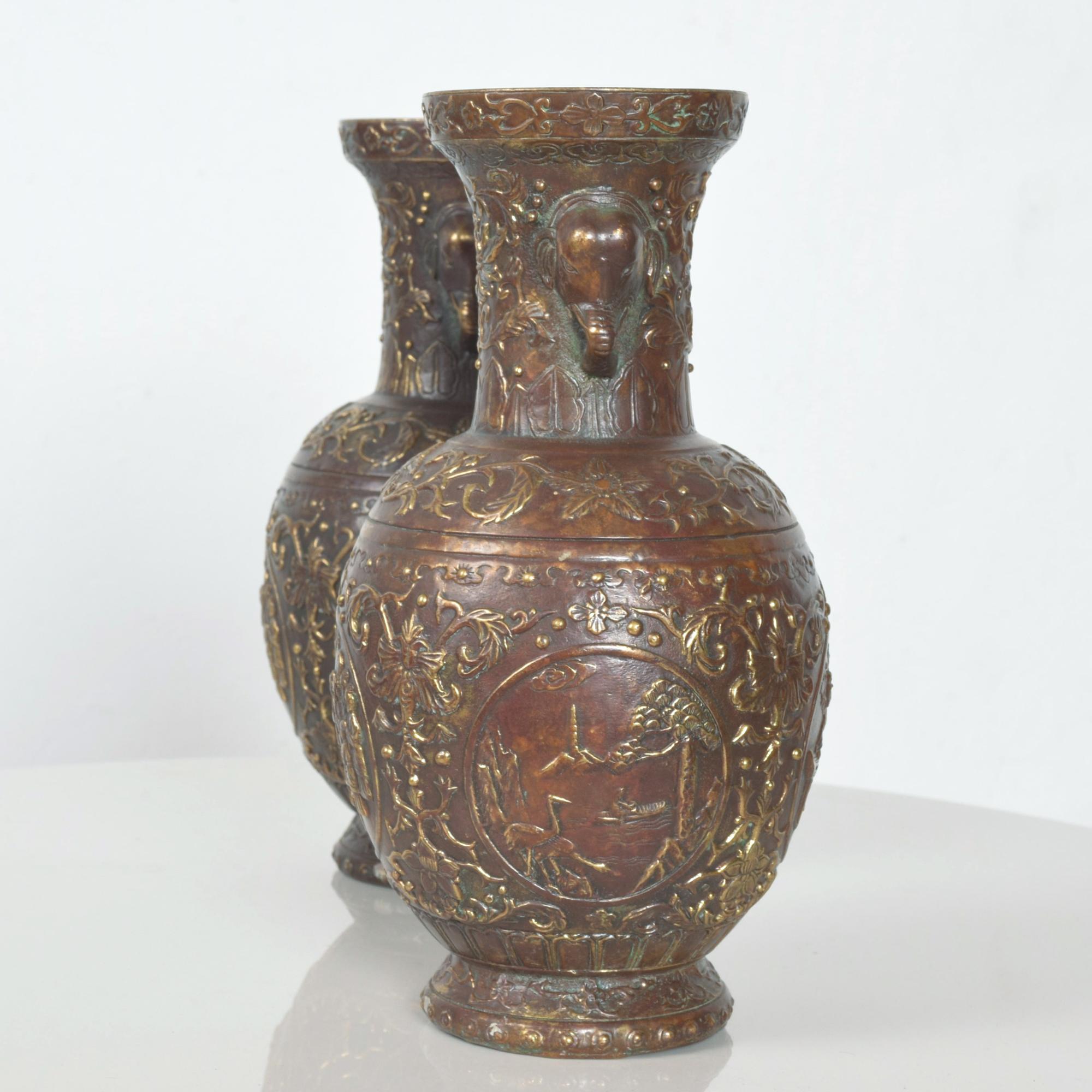 Pair Japanese Cloisonne Urns in Bronze Figural Relief Meiji Period JAPAN 3