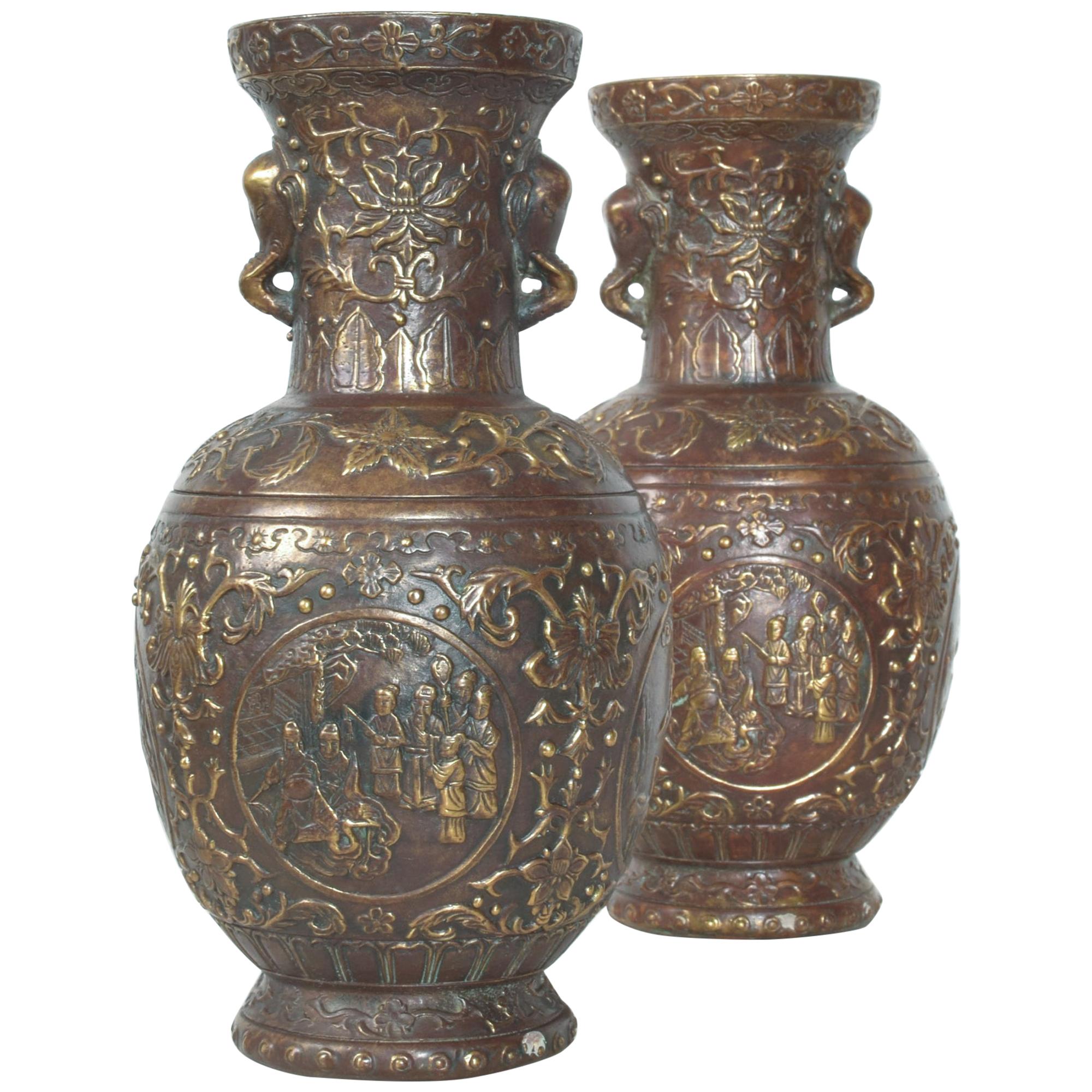 Pair Japanese Cloisonne Urns in Bronze Figural Relief Meiji Period JAPAN 2