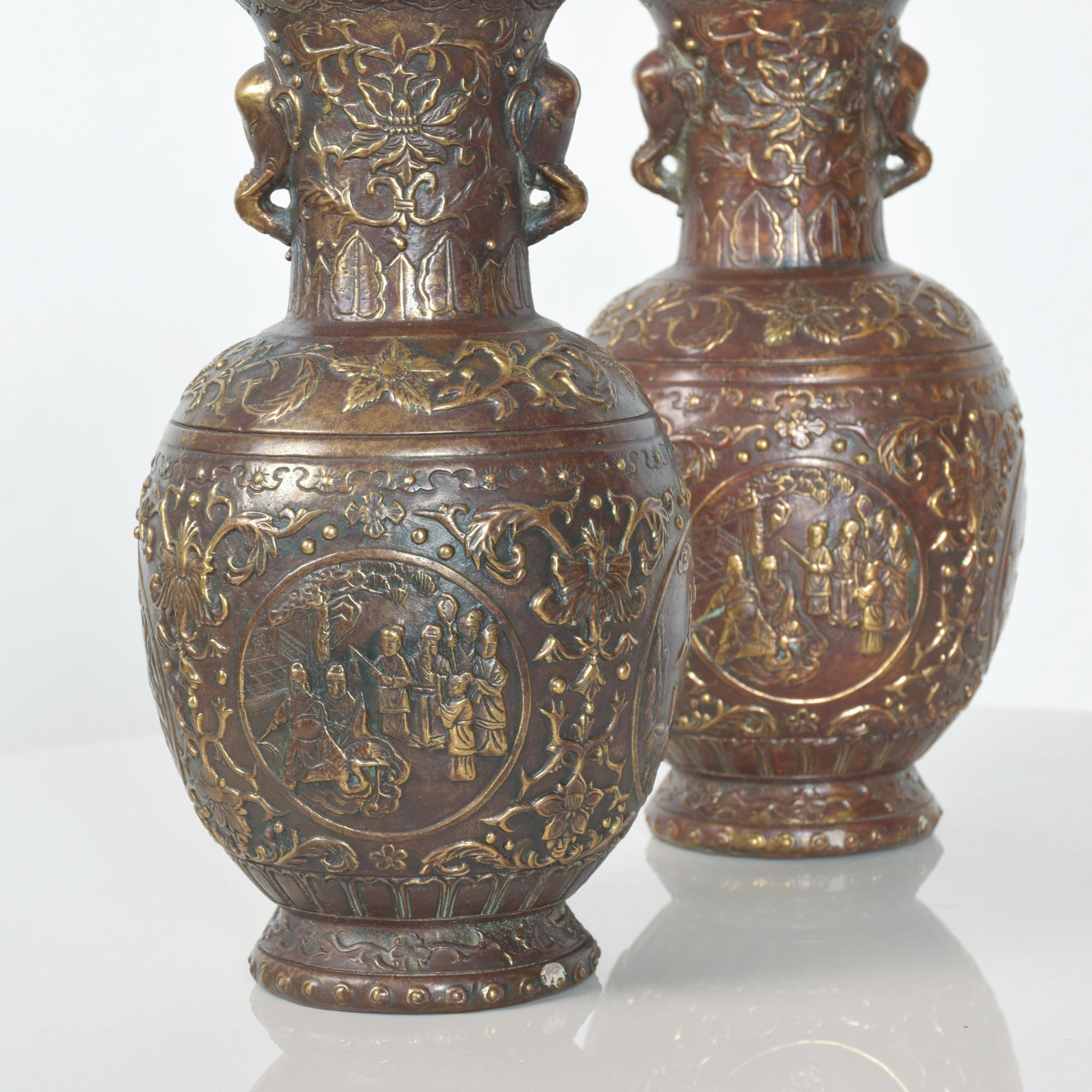 Pair Japanese Cloisonne Urns in Bronze Figural Relief Meiji Period JAPAN 7