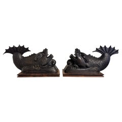 Pair Japanese Bronze Dragonfish, Shachihoko, Taisho Period, circa 1920, Japan
