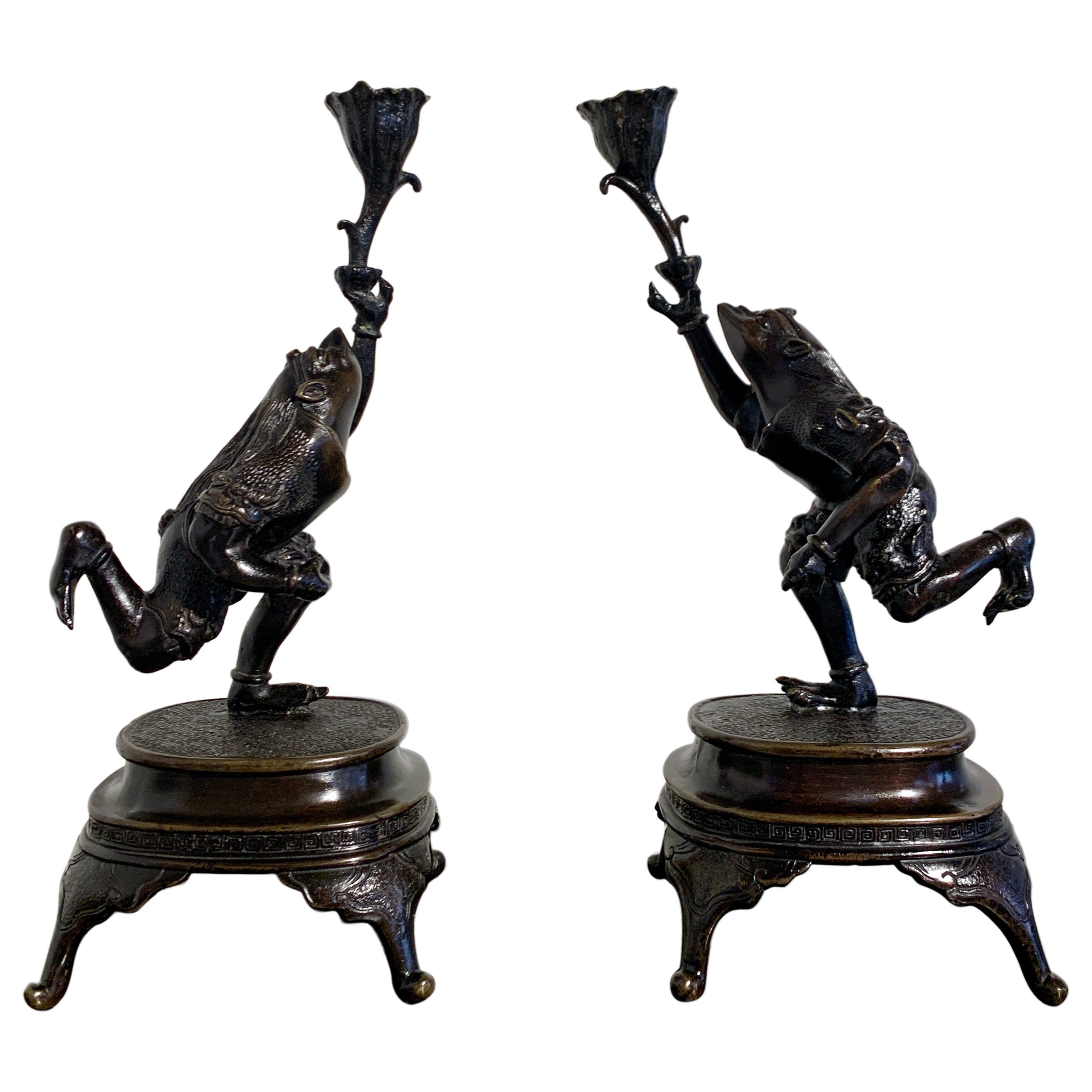 Pair Japanese Bronze Frog Warrior Candlesticks, Meiji Period, circa 1900, Japan