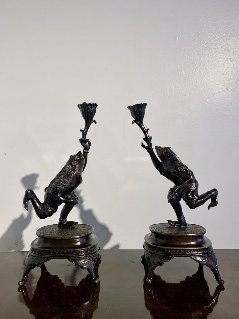Pair Japanese Bronze Frog Warrior Candlesticks, Meiji Period, circa ...