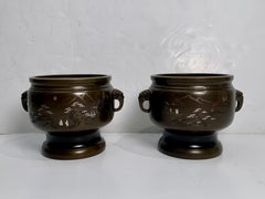 Pair of Japanese Bronze Hibachi with Silver and Copper Inlay, Meiji Period