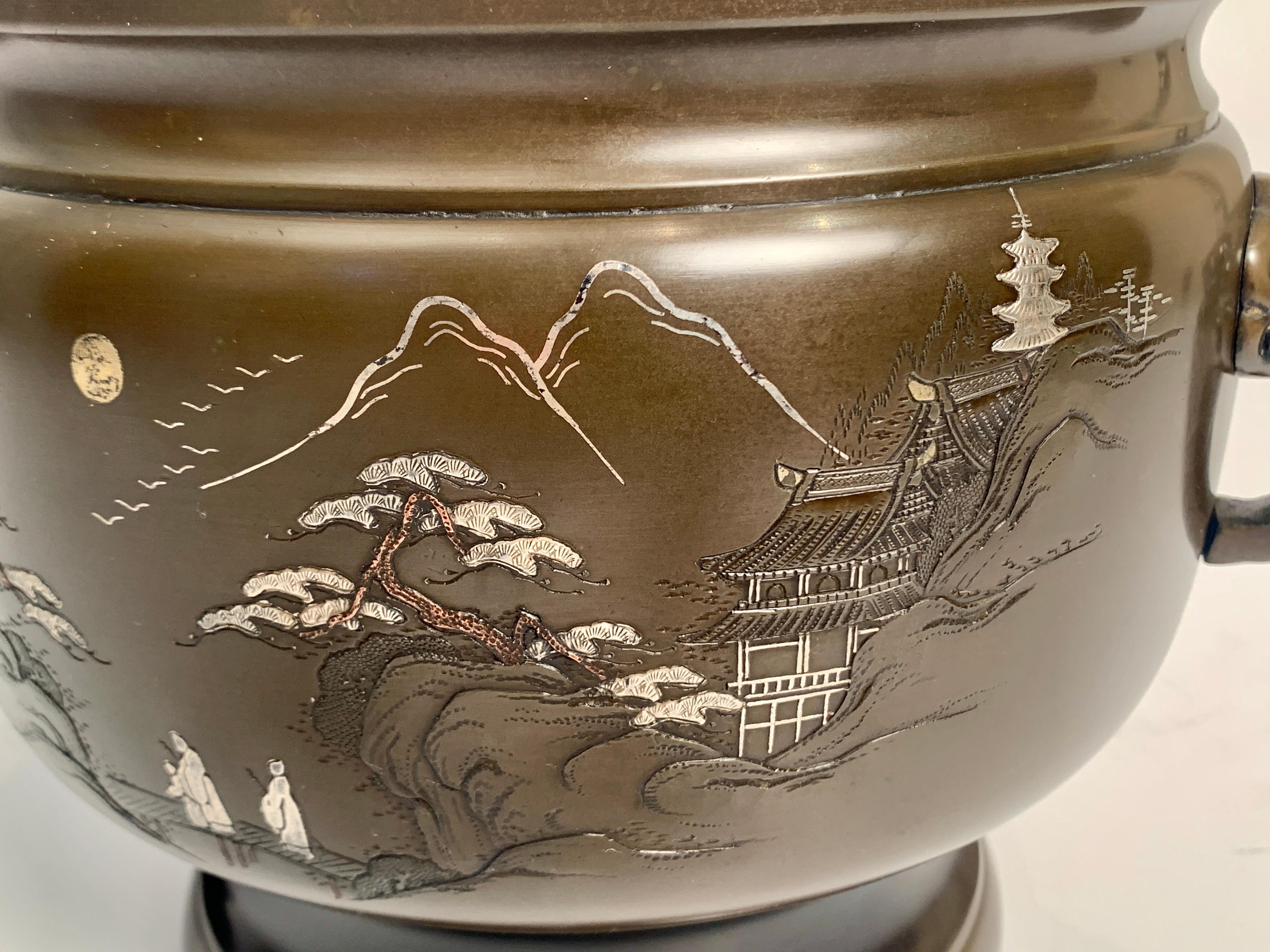 Pareja de Hibachi japoneses de bronce con incrustaciones de plata y cobre, Periodo Meiji en venta 1