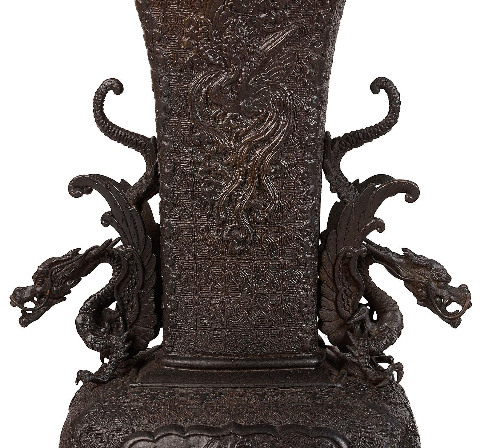 Cast Pair Japanese Bronze Meiji Period Vases / Lamps For Sale